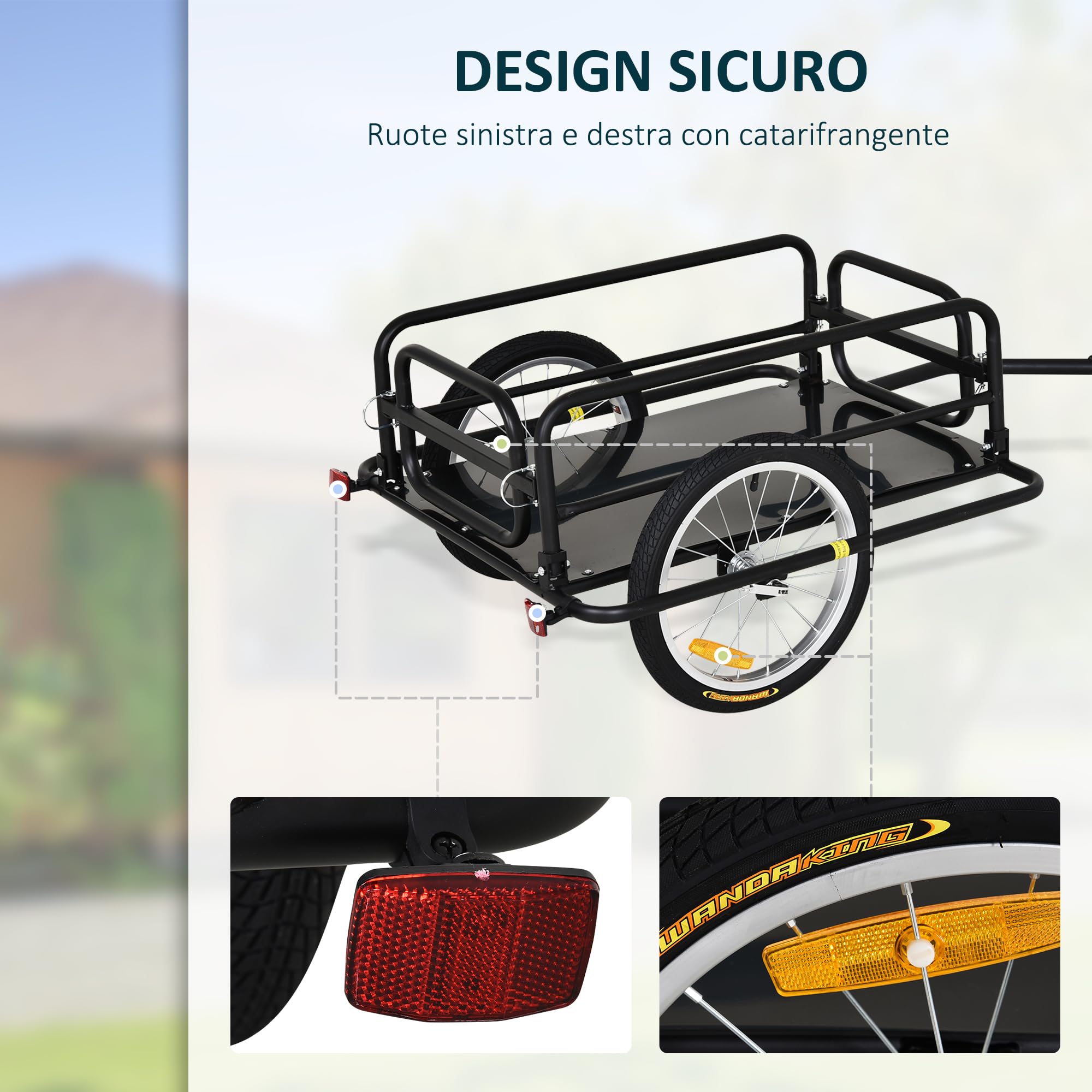 HOMCOM Carrello Bici con Pareti Pieghevoli e Rimovibili, Gancio Universale e 2 Catarifrangenti, Rimorchio per Bici in Acciaio e PE, 139x71.5x49 cm, Nero