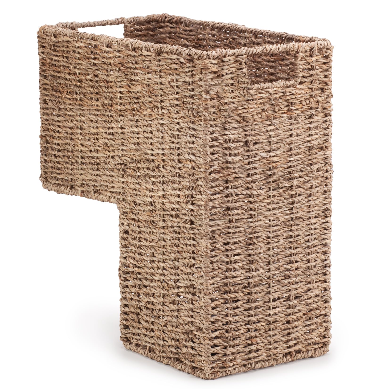 Woodluv Seagrass Step Basket - Natural L-Shape Woven Seagrass Large Step Basket With Inset Handles, For Stairs, Storage Organiser For Laundry, Accessories, Tidy Basket Bin For Toys, Household Items, Natural, 38 X 20 X 40 Cm