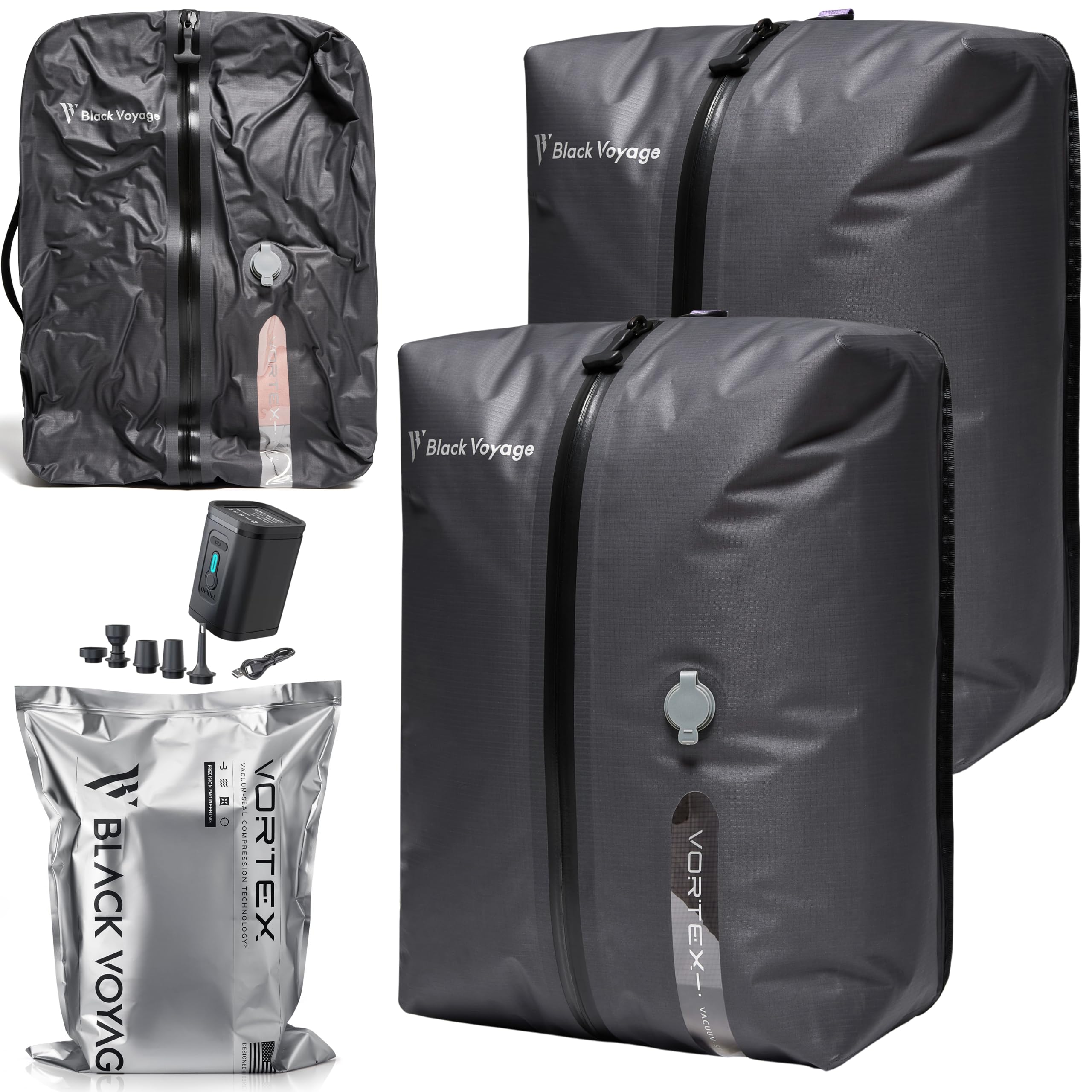 Black Voyage Reusable Vacuum Compression Travel Bag for Carry-On Suitcase and Backpack, Recycled IP67 Waterproof Space Saver Vacpack (2-Pack, 18L - Pump Included)