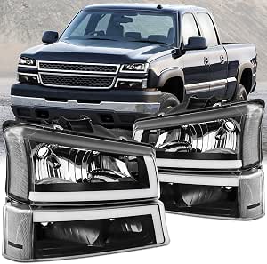 Pair Black Headlights Assembly For Chevy Avalanche Silverado 2003-2006 Halogen