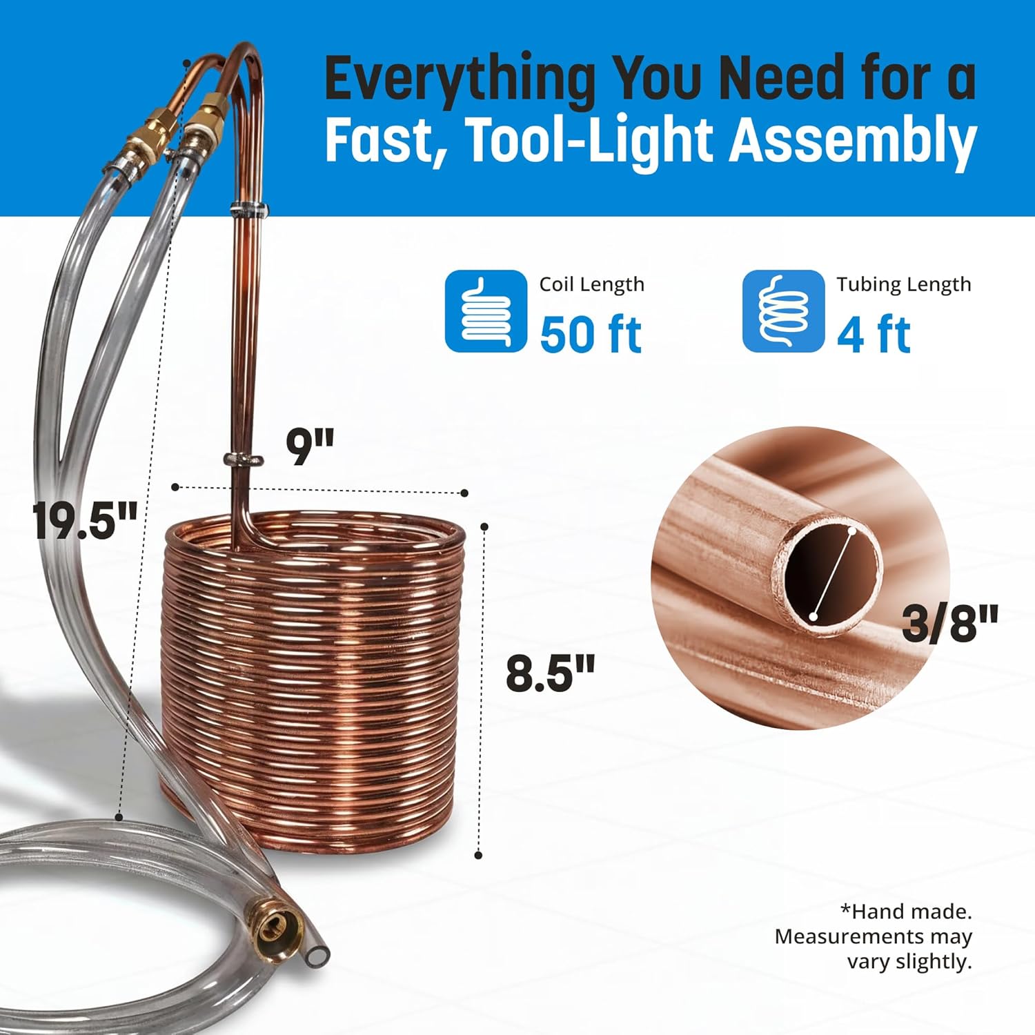 Coldbreak Wort Chiller – 50 Foot Food Grade Copper Tubing Coil – Water Chiller for Ice Bath Beer Brewing – Copper Knockout Immersion Beer Chiller – Home Brewing Equipment (Made in USA)