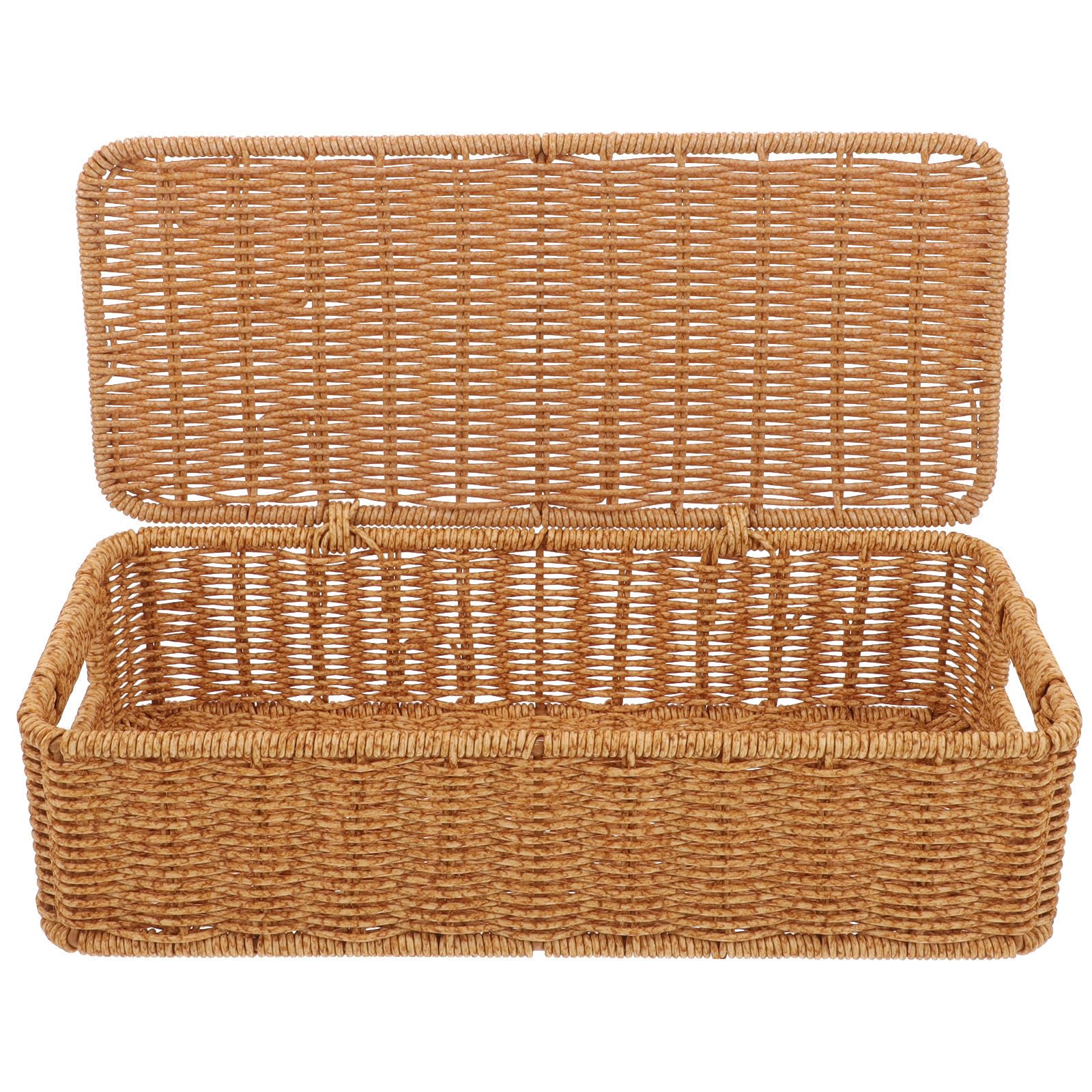 Caja Organizadora de Escritorio Cesta Tejida Tapa de Imitación de Ratán para Almacenamiento de Cosméticos y Artículos Diversos, Diseño Simple y Superficie Lisa