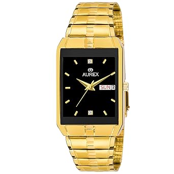AUREX Analogue Mens Watch (Black Dial Gold Colored Strap)