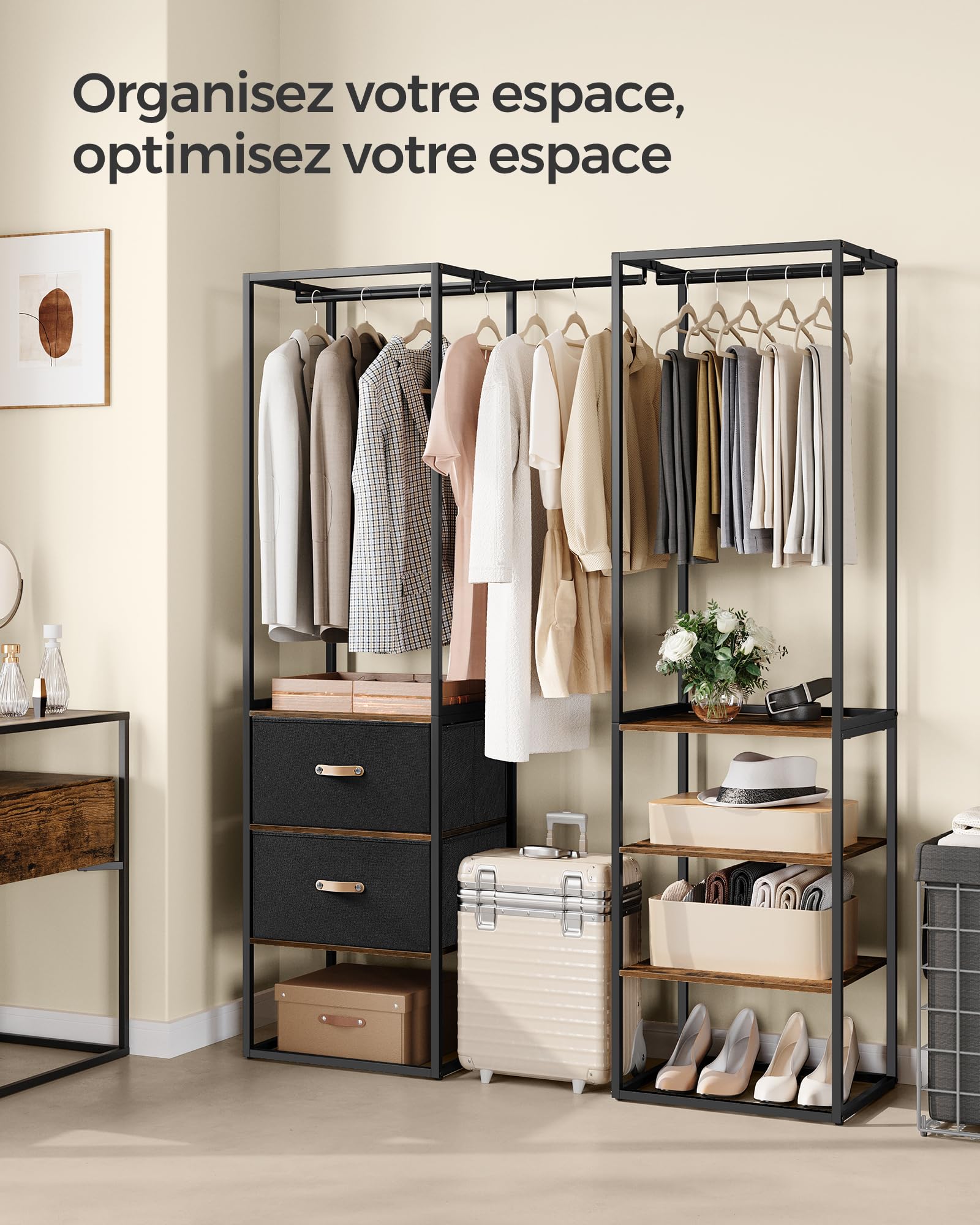 SONGMICS Penderie, Armoire Ouverte, Placard, Porte-Vêtements Solide avec 1 Tringle Extensible, 2 Tiroirs et 4 Étagères, pour Chambre, Gain de Place, Marron Rustique RGR003B01