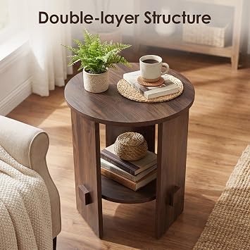 Round End Table with 2-Tier Storage, 19.5 Side Table, Walnut
