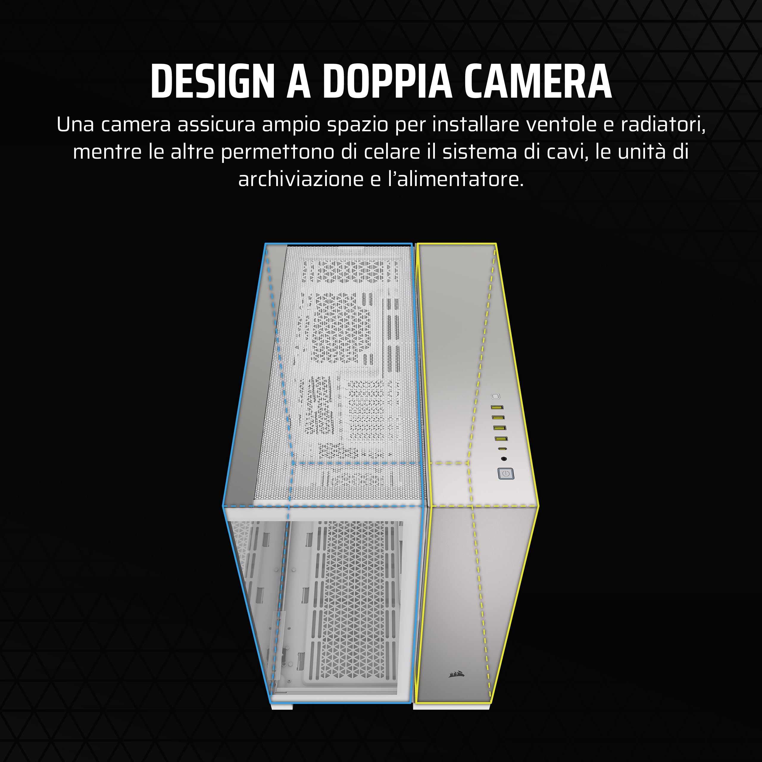 CORSAIR 6500X Mid-Tower ATX Case per PC a Doppia Camera - Vetro Temperato Panoramico - Compatibile con Scheda Madre a Connessione Inversa - Nessuna Ventola Inclusa - Bianco/Alluminio Grigio Satinato