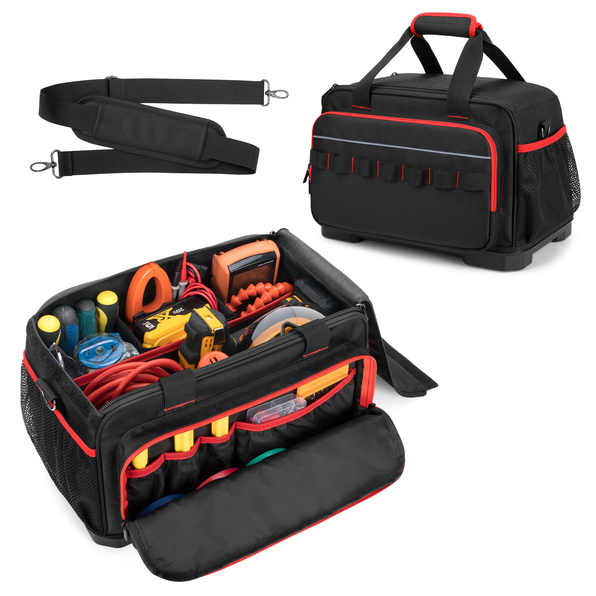 Rexmica 40cm Sac Outils pour Hommes, avec Fond Rigide en EVA et Bandoulière | Sac à Outils Multifonction pour Électriciens, Plombiers, Mécaniciens et Usage Automobile, Noir/Rouge