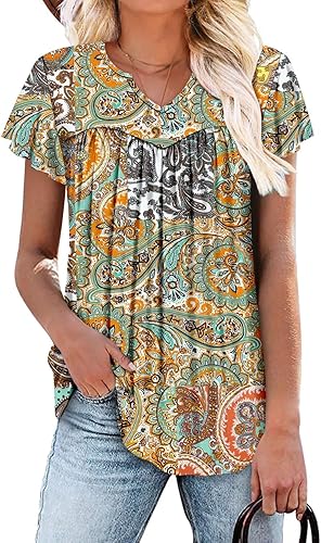 KISSMODA Tops for Womens Summer Cute Short Sleeve Shirts Trendy Notched Neck Blouses Casual Loose Pleated Tunics S-3Xl