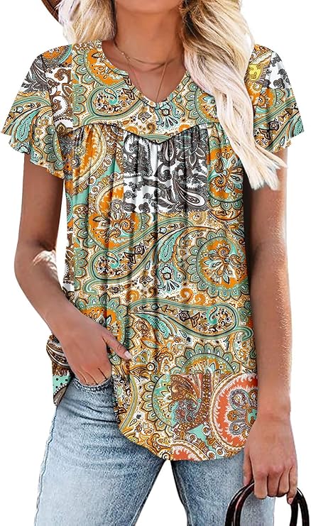 KISSMODA Tops for Womens Summer Cute Short Sleeve Shirts Trendy Notched Neck Blouses Casual Loose Pleated Tunics S-3Xl