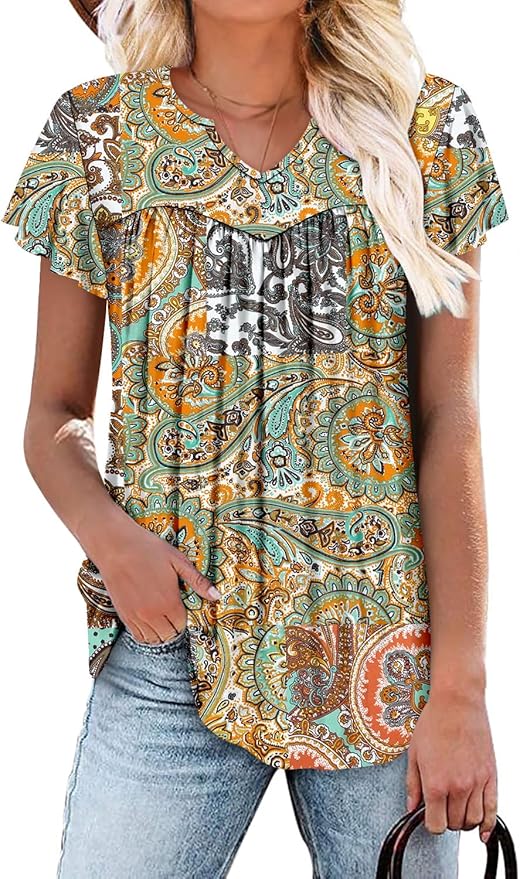KISSMODA Tops for Womens Summer Cute Short Sleeve Shirts Trendy Notched Neck Blouses Casual Loose Pleated Tunics S-3Xl