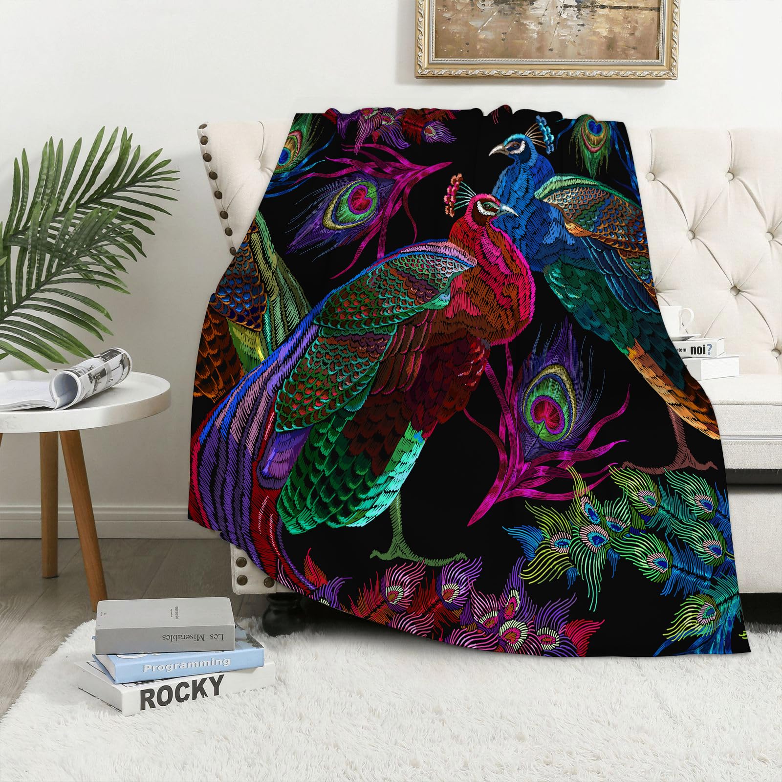 MAAPCHP Flannel Fleece Blanket Throws for Sofa Fluffy Blanket Bed Throw for Bedroom Embroidery peacocks tropical birds seamless pattern. Fashionable template for de Blanket for Bed, Couch,Car 60x80in