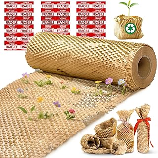Honeycomb Packing Paper, 12"x200' Brown | Perforated Honeycomb Packing Paper Recyclable Moving Supplies for Shipping & Moving | Plastic-Free Alternative to Bubble Cushion Wrap with 36 Fragile Stickers