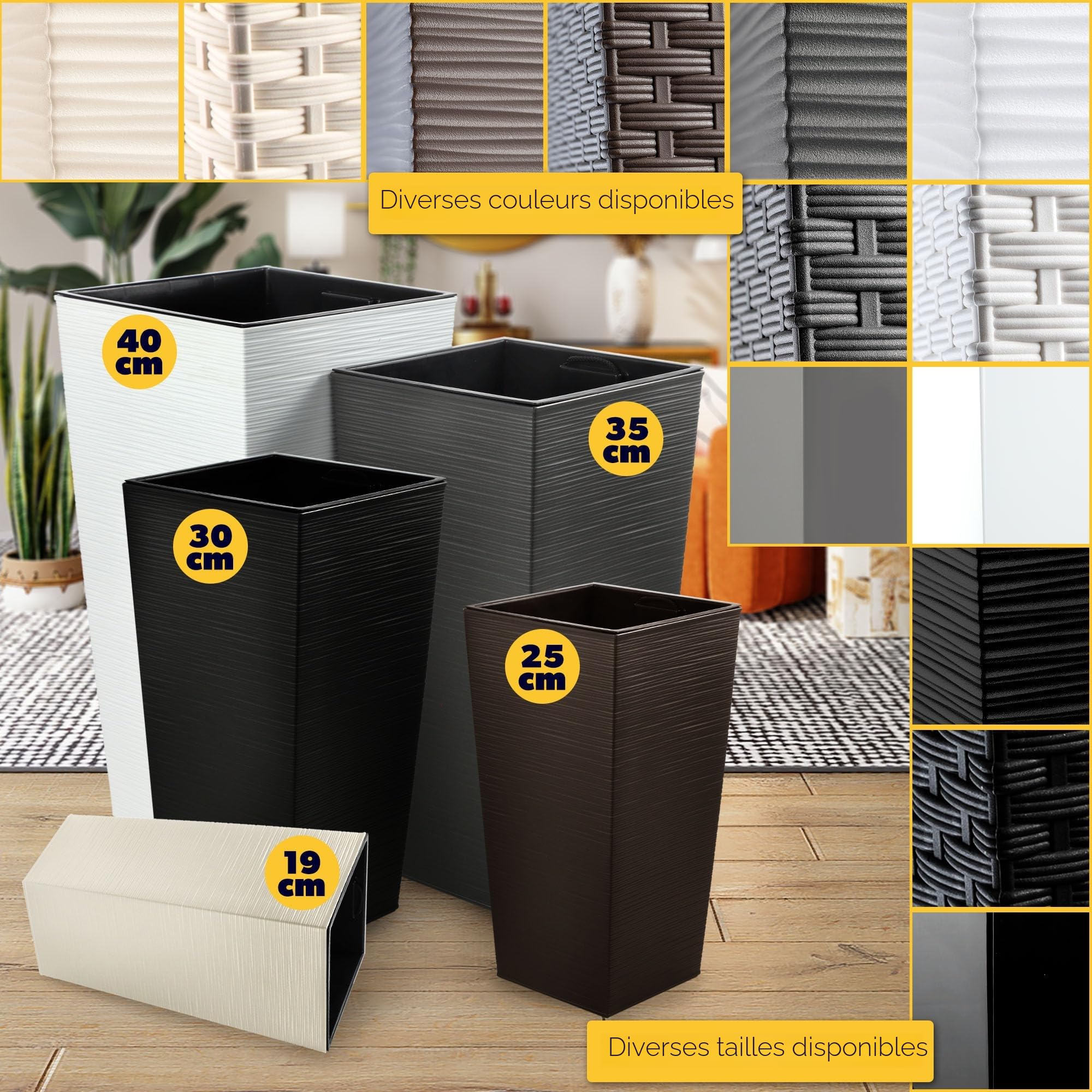 KADAX Lot de 3 Set de 3 Pots de Fleurs Hauts – H 46,5/57,5/68 cm – Noir – intérieur/extérieur – pour Balcon, Jardin ou Salon