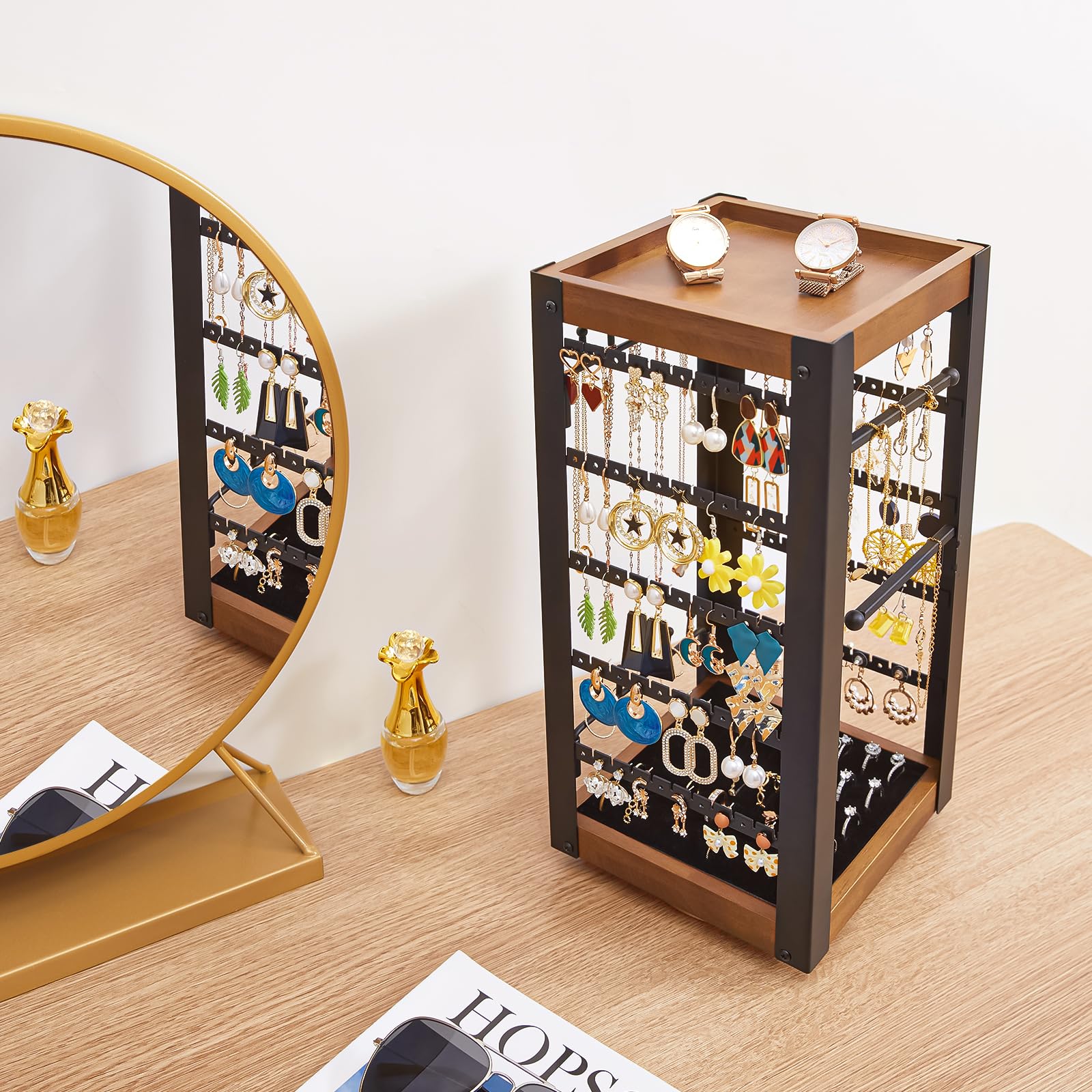 BELLE VOUS Presentoir Bijoux Bois Rotatif à 2 Côtés - 16 Crochets Par Côté - Présentoir Bijoux De Table Pour Colliers, Bracelets, Bagues, Montres Et Boucles D'Oreilles