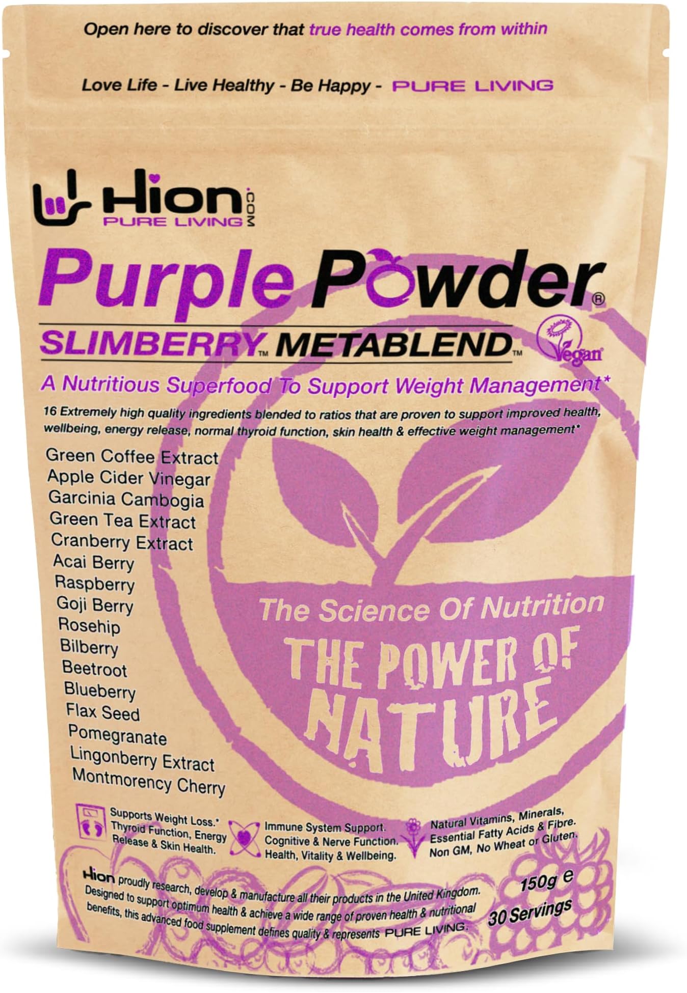 Hion Purple Powder - SLIMBERRY METABLEND Award-Winning UK-Made Superfood Blend | 16 Nutrient-Rich Fruits incl. Green Coffee & ACV | Boost Energy & Curb Cravings | Vegan, Gluten-Free | 30 Servings