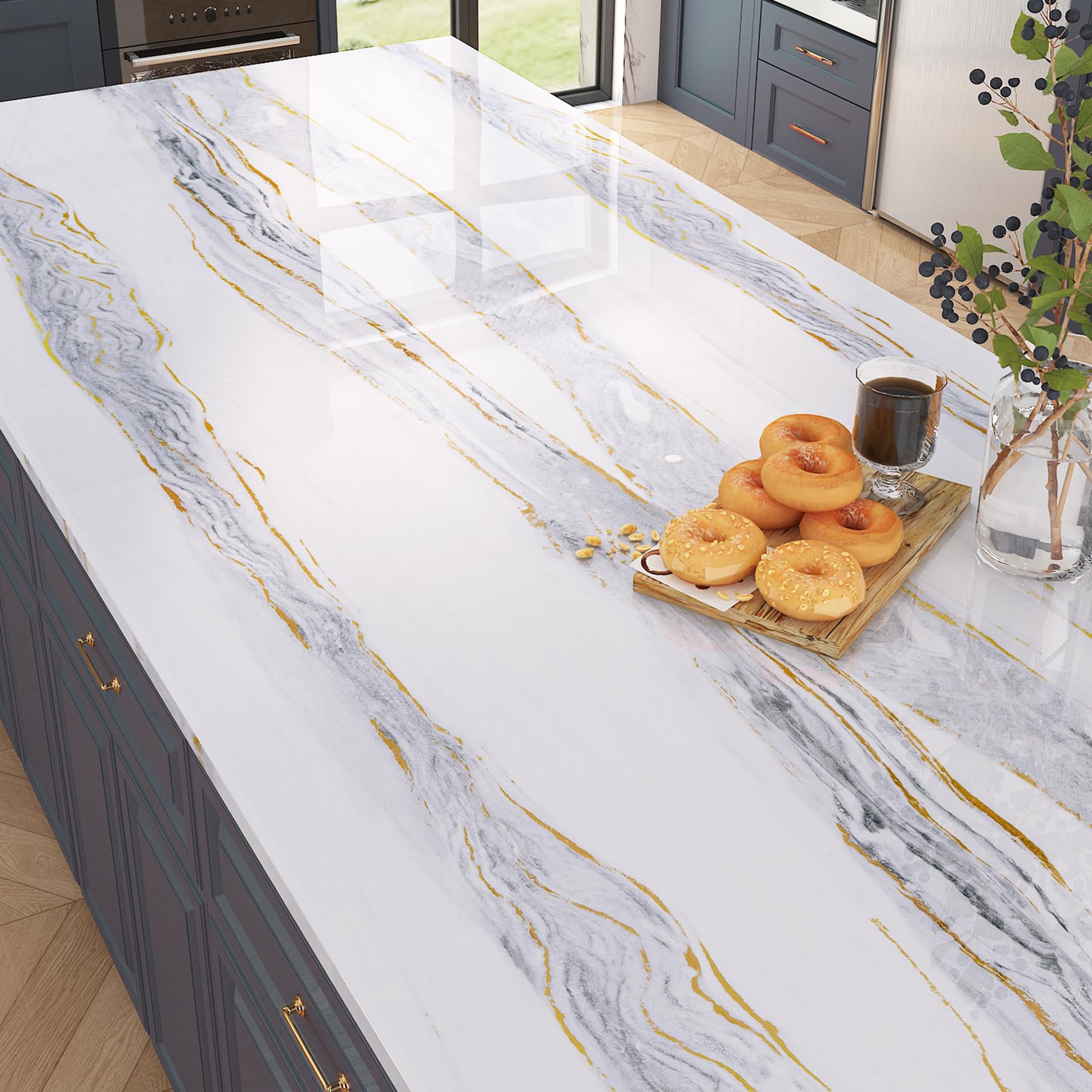 Papier peint décoller et coller effet marbre pour crédence de cuisine