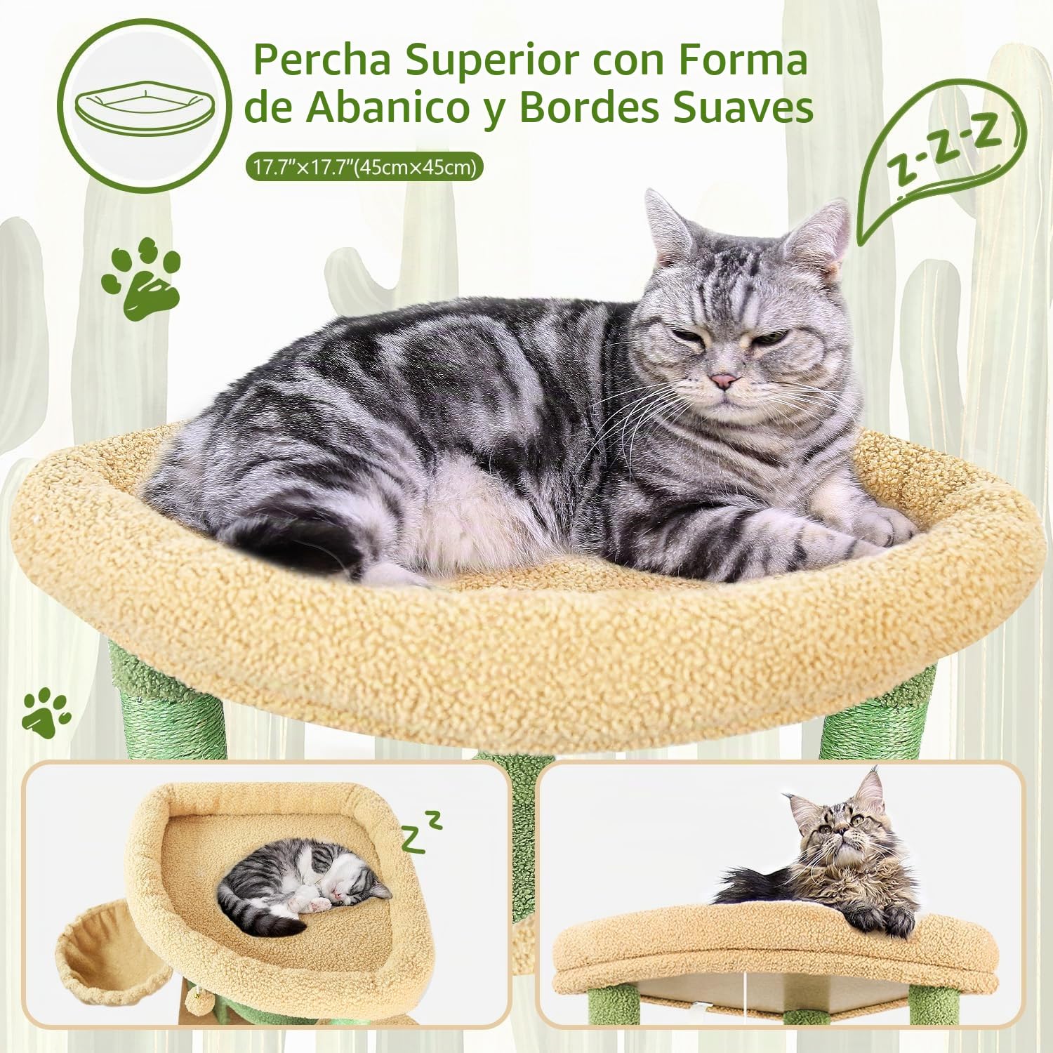Globlazer Árbol Rascador Esquina Cactus Verde, Rascador para Gatos Rincón Alto 130 cm con Grandes Plataformas, Curvado Nidos, Hamaca, Cesta, Torre Gato Estable para 2-4 Gatos Adultos (C51, Verde)