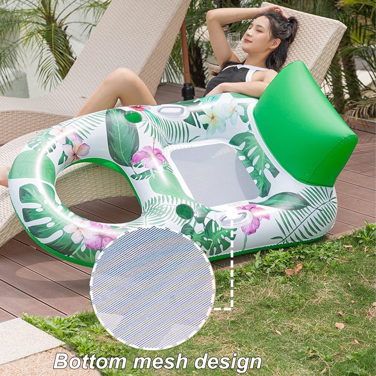 Matelas Gonflable Piscine, Transat Gonflable | Avec Porte-gobelet et Dossier Ergonomique, Fond en Filet, pour une Fête sur la Plage