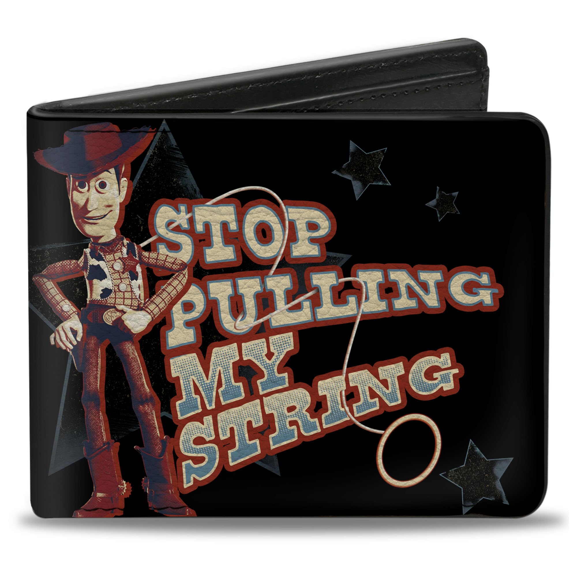 Buckle-Down Men's Disney Wallet, Bifold, Toy Story Woody Stop Pulling My String Best in The West, Vegan Leather, 4.0