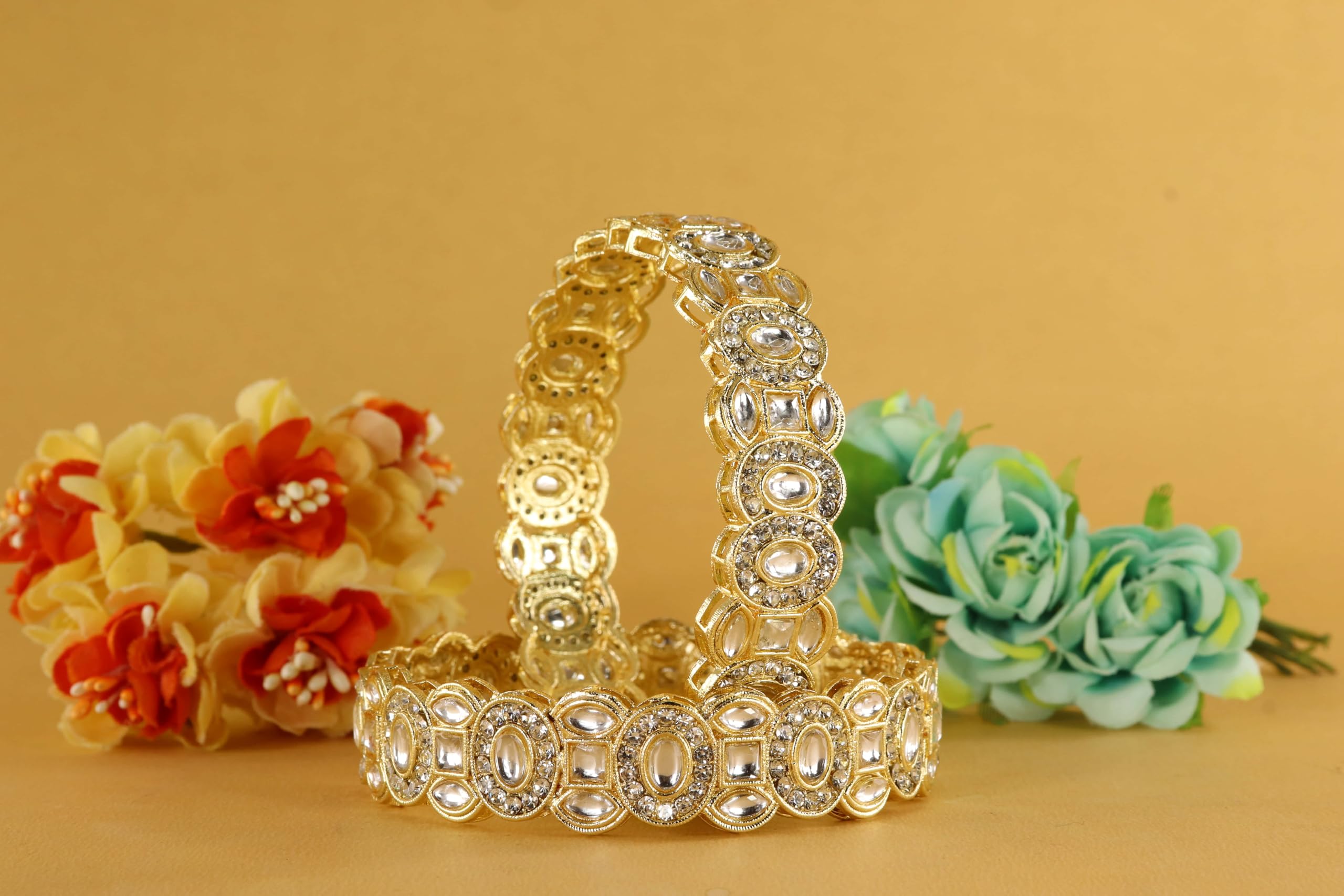NMII Premium Gold Metal Bangles Bracelet For Women & Girls with Zircon & Kundan Stones | Girls' Bangles Bracelet | Chuda Kada Stylish | AD Kada | Bridal Bangles | Fashion Jewellery-(MAH121-Gold-2.4) 1