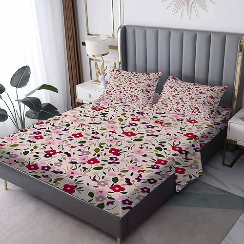 Juego de sábanas de tamaño King sábanas de cama florales microfibra suave bolsillo profundo sábanas y fundas de almohada sin arrugas patrón botánico