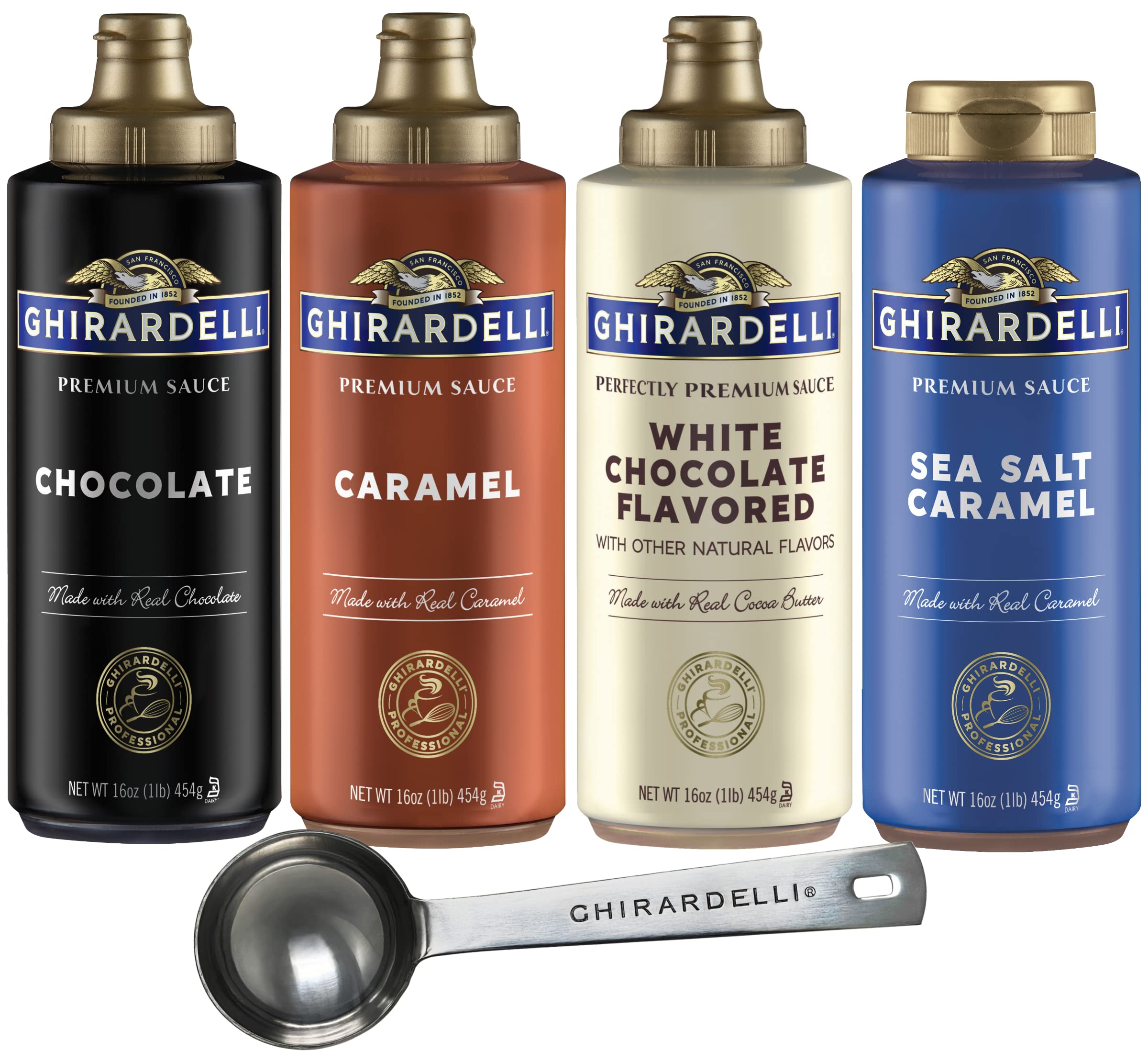 Ghirardelli Chocolate, Caramel, White Chocolate and Sea Salt Caramel Flavored Sauce 16 oz Bottles (P