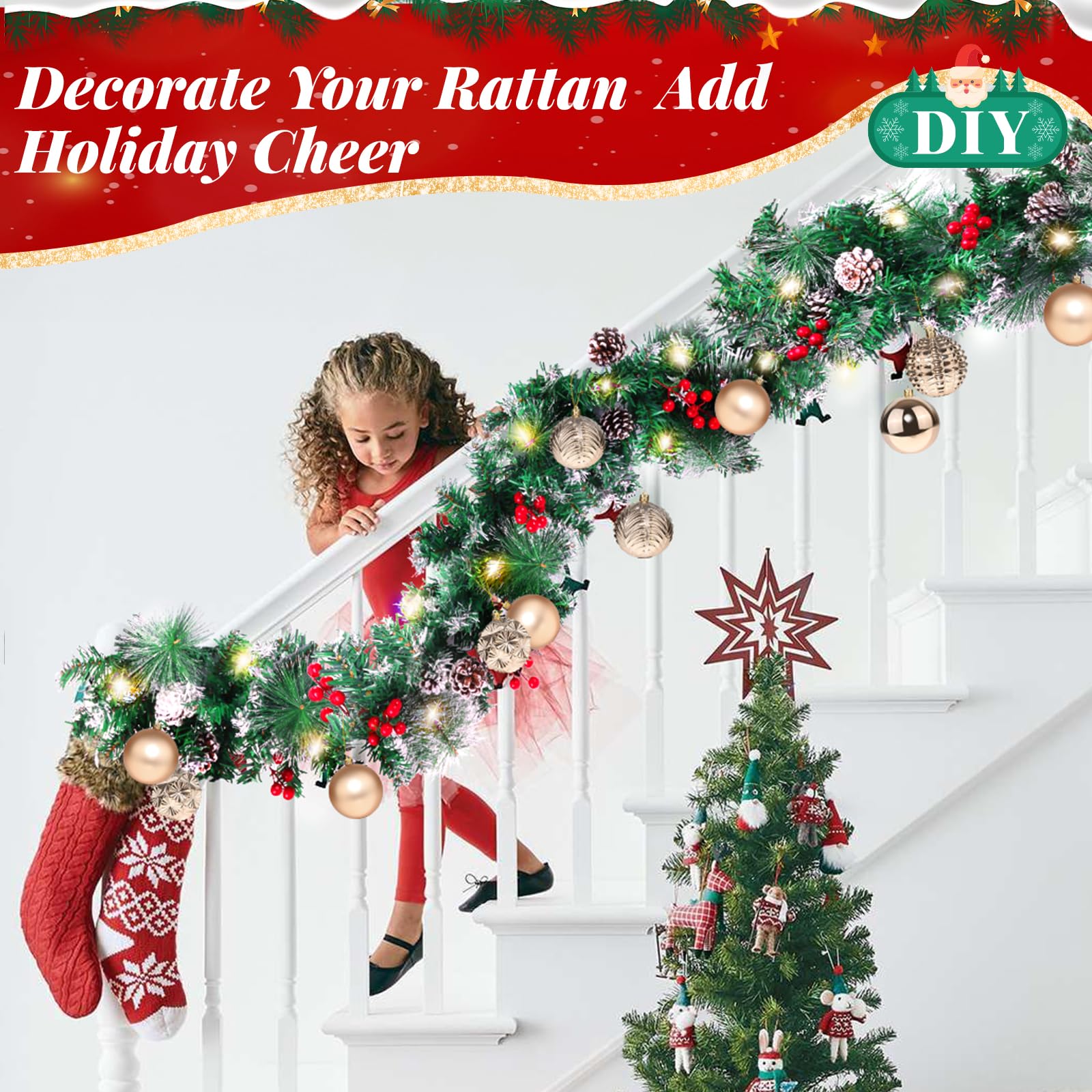 BlessedSeason Guirlande de Noël de 3,7 m avec lumières, guirlande lumineuse artificielle d'intérieur pour escaliers, cheminée, guirlande verte, cônes, baies rouges et aiguille de pin