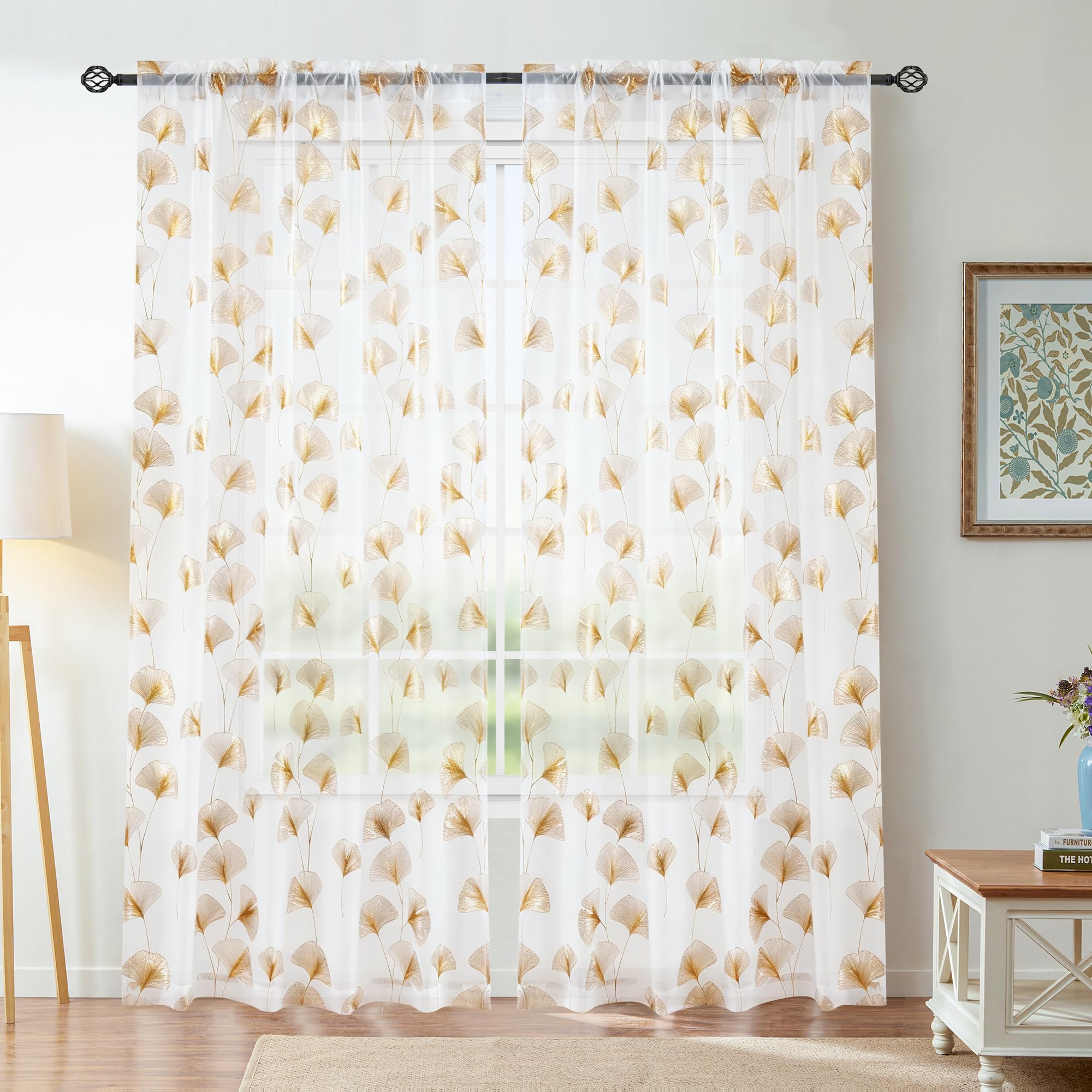 Youleyar Gold/Silber Folie Print Voile Sheer Vorhänge