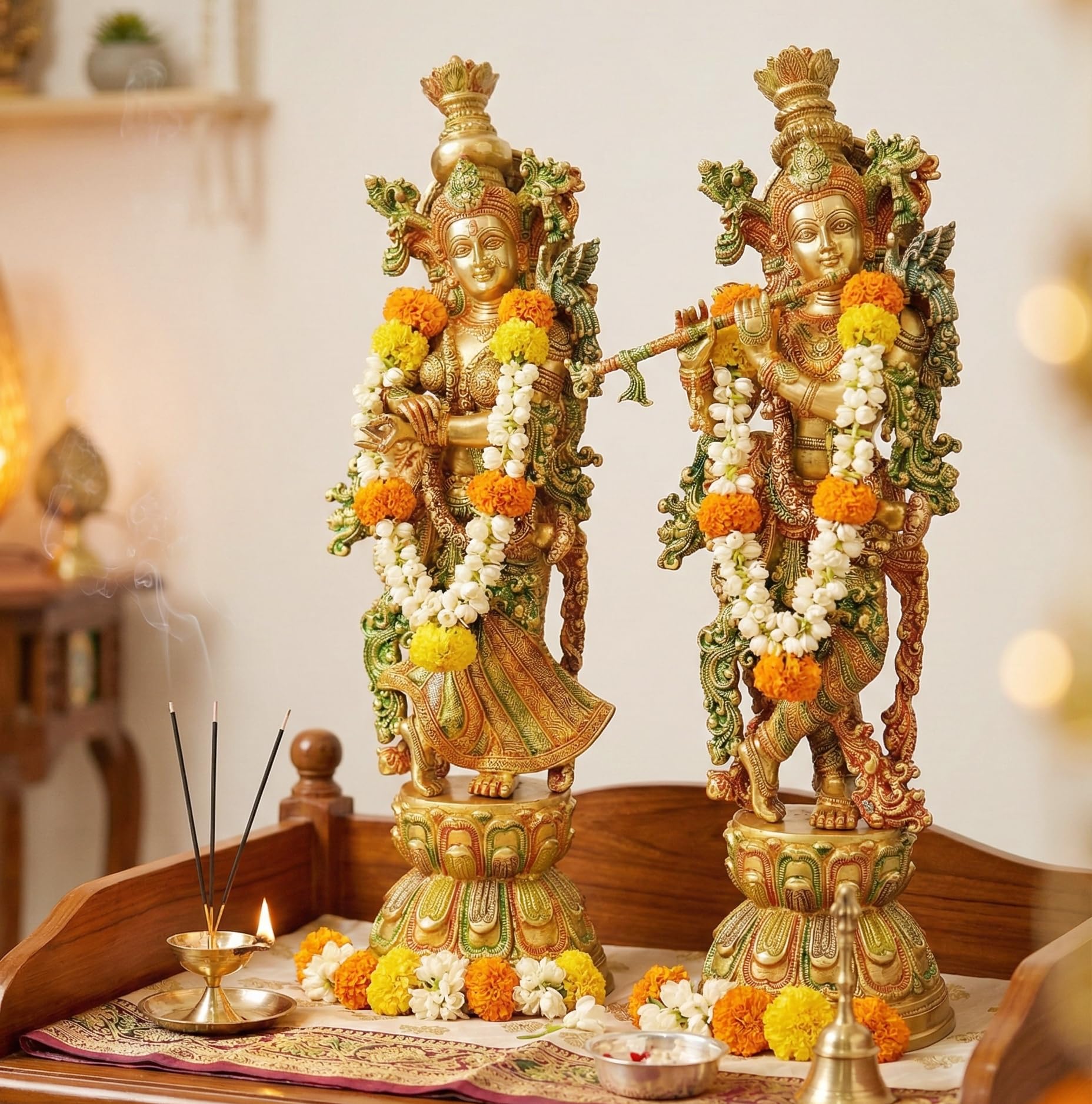 ESPLANADE - Brass Radha Krishna Pair Murti Idol Statue Sculpture (29") Multicolour (Radha Krishna Coloured)