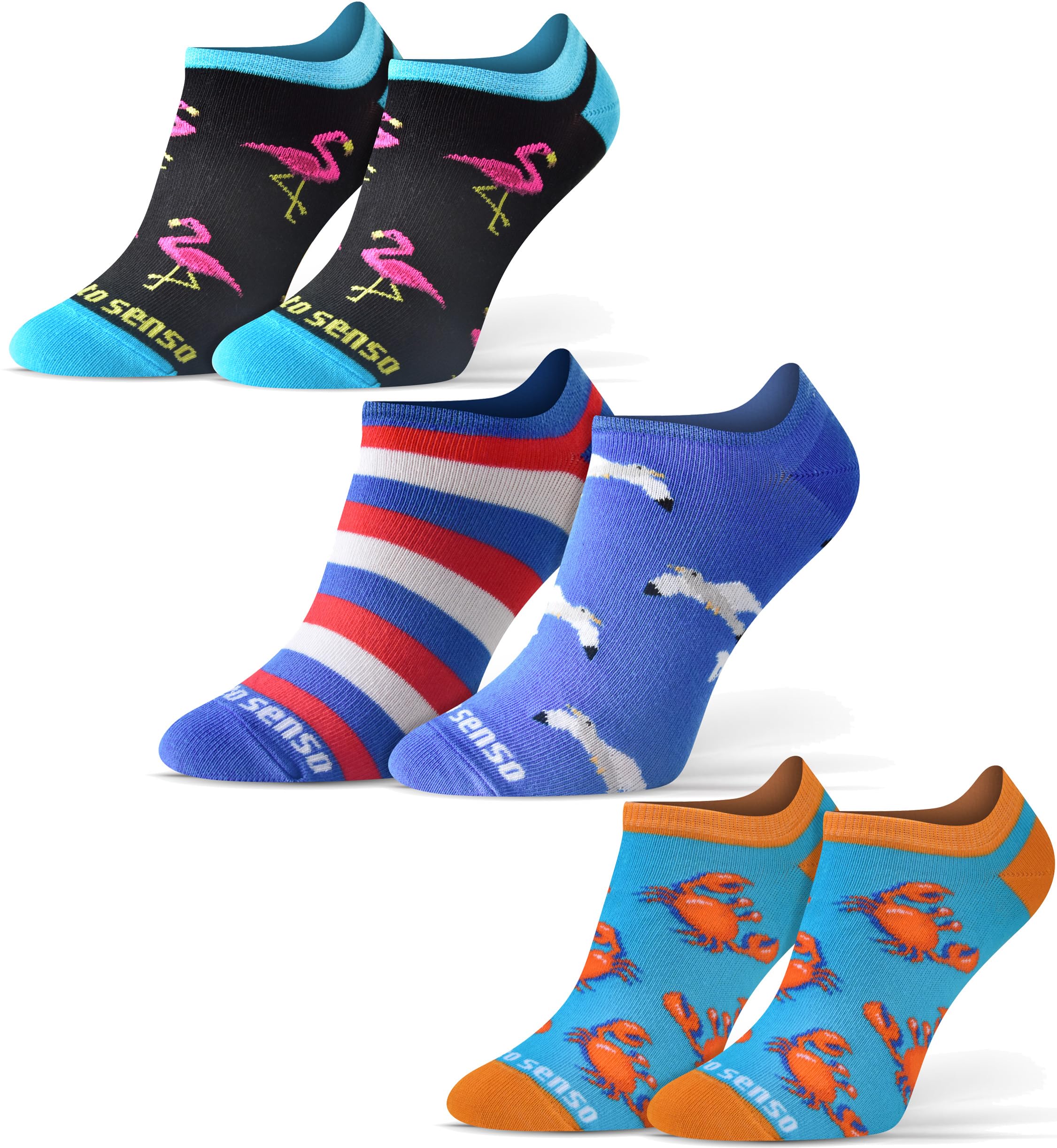 Sesto Senso Funny Ankle Sneaker Low Cut Socks Cotton Colorful Footies Women Men 1-3 pairs Oddsocks 11-14/43-46 Crab Seagull Flamingo 3 Summer