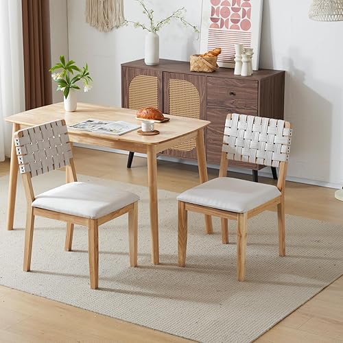 Miniatura 9 de VINGLI Juego de 4 sillas de comedor de madera tejida beige, sillas de escritorio modernas de mediados de siglo sin brazos con remaches y clavijas