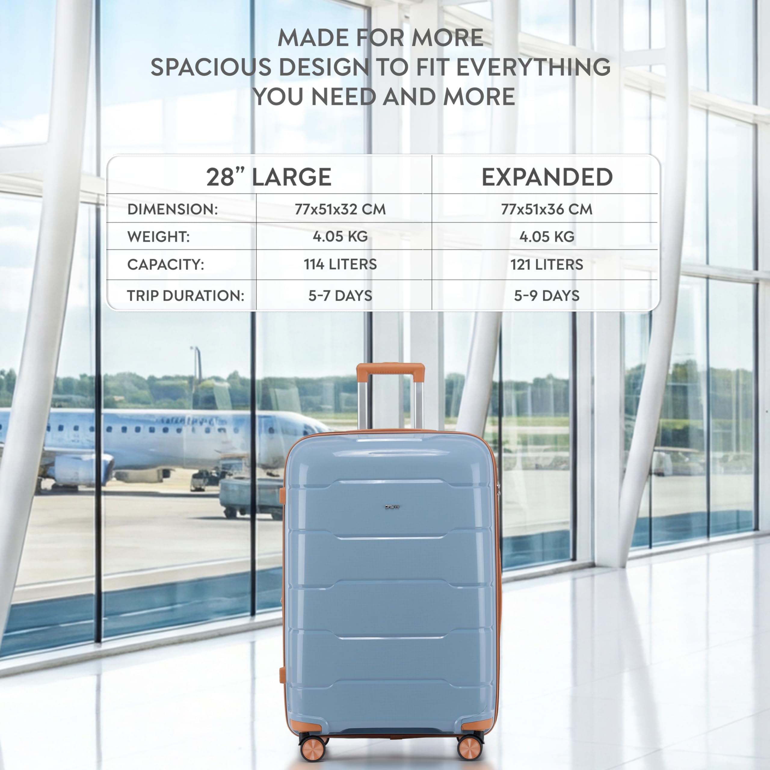 CRUW Large 28" Checked Luggage 77x51x32cm + Expandable Hold Baggage (114/121 Liters) Polypropylene Suitcase TSA Approved Lock 8 Silent Spinner Wheels Lightweight Suitcases Airline-Approved Travel