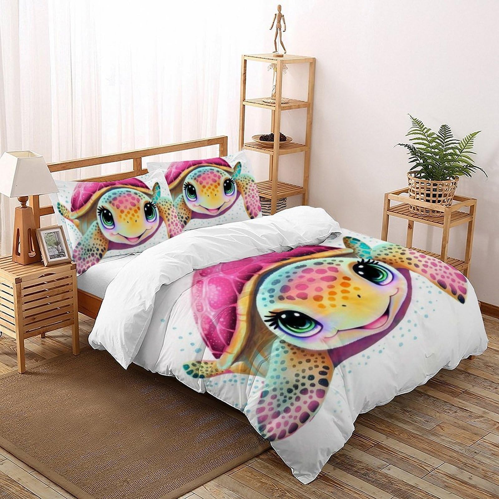 Housse de couette 3D tortue marine 200x200 cm avec 2 taies d'oreiller pour lit double