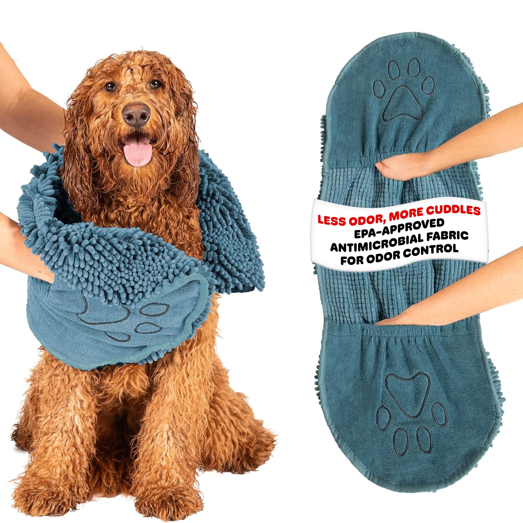 Dog Gone Smart Pet Products Pacific Blue The Original Dirty Dog Shammy Ultra Absorbent Microfiber Quick Drying Towel With Hand Pockets For Wet Dog Handling And Grip Is Perfect For Bath, Rain, Beach – Machine Washable