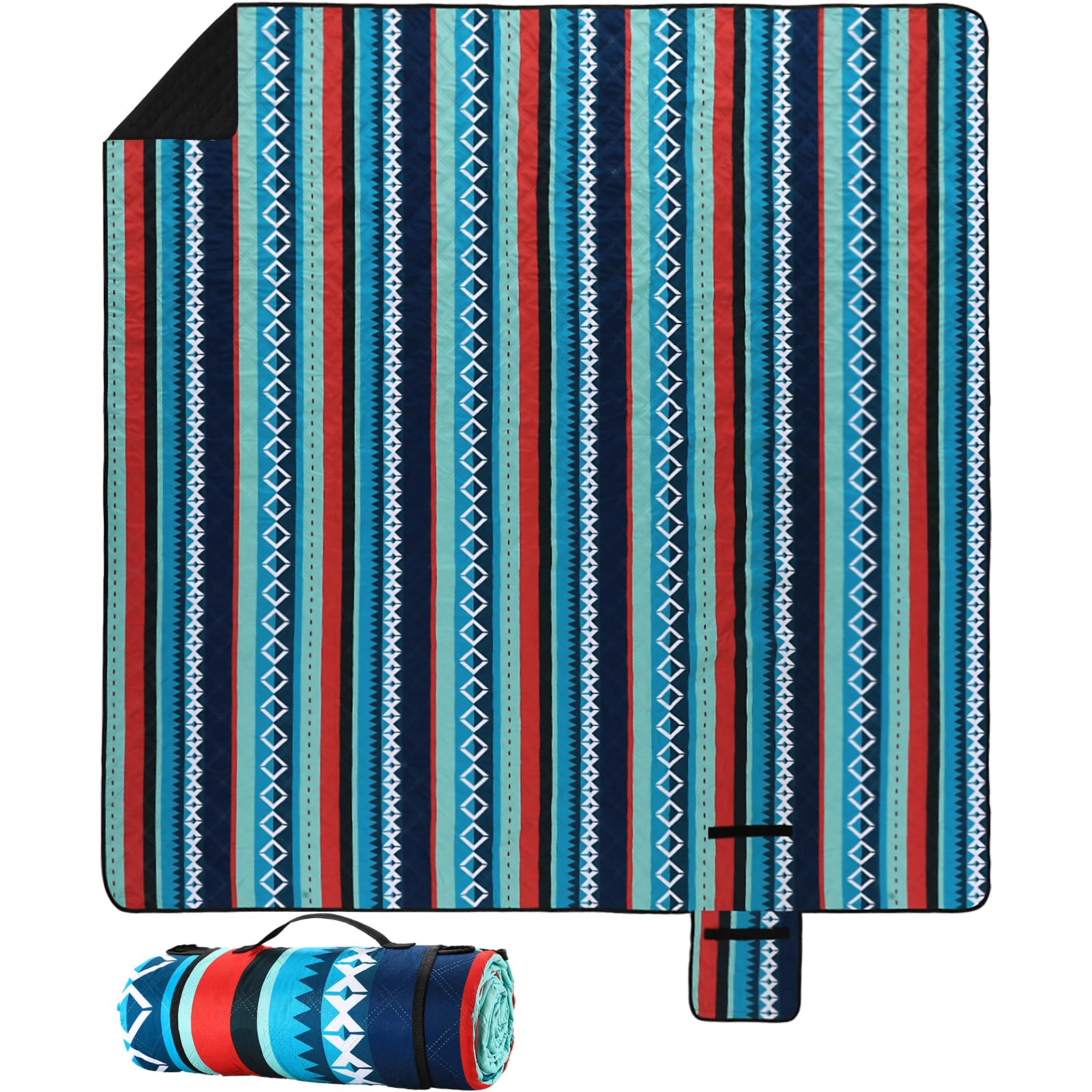 Liferun 200x200cm Manta de Picnic XL Lavable a Máquina – Extra Grande Plegable Manta de Picnic para 4-5 Personas, Manta de Playa y Manta de Camping con Asa, Verde Rayado