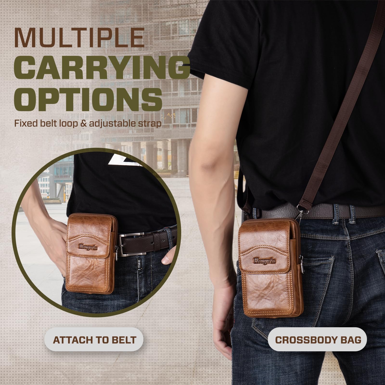 Leder Umhängetasche Mit Reißverschluss - Retro Gürteltasche Für Handy & Kleingeld