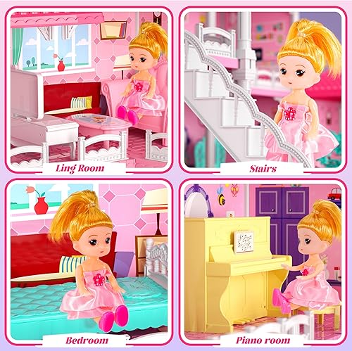 Miniatura 10 de Casa de muñecas para niñas con luz, casa de muñecas de 10 habitaciones con figura de muñecas, cachorros, muebles, accesorios, casa de juegos regalo