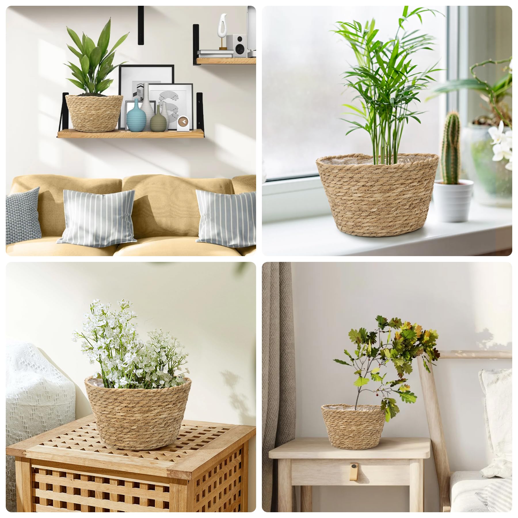 Athaliah Lot de 3 paniers de fleurs d'intérieur avec doublure en plastique, jacinthe d'eau tissée pour pot de fleurs rustique bohème, maison, ferme, pot de sol