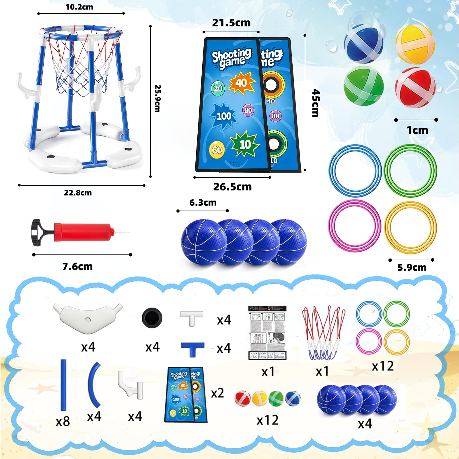 Ronronner 3-in-1 Pool Basketballkorb mit Sticky Ball Toss & Ring Toss, 12 Klebebällen, 4 Basketball, Wasserspielzeug für Kinder 4-8 & Erwachsene - Blau
