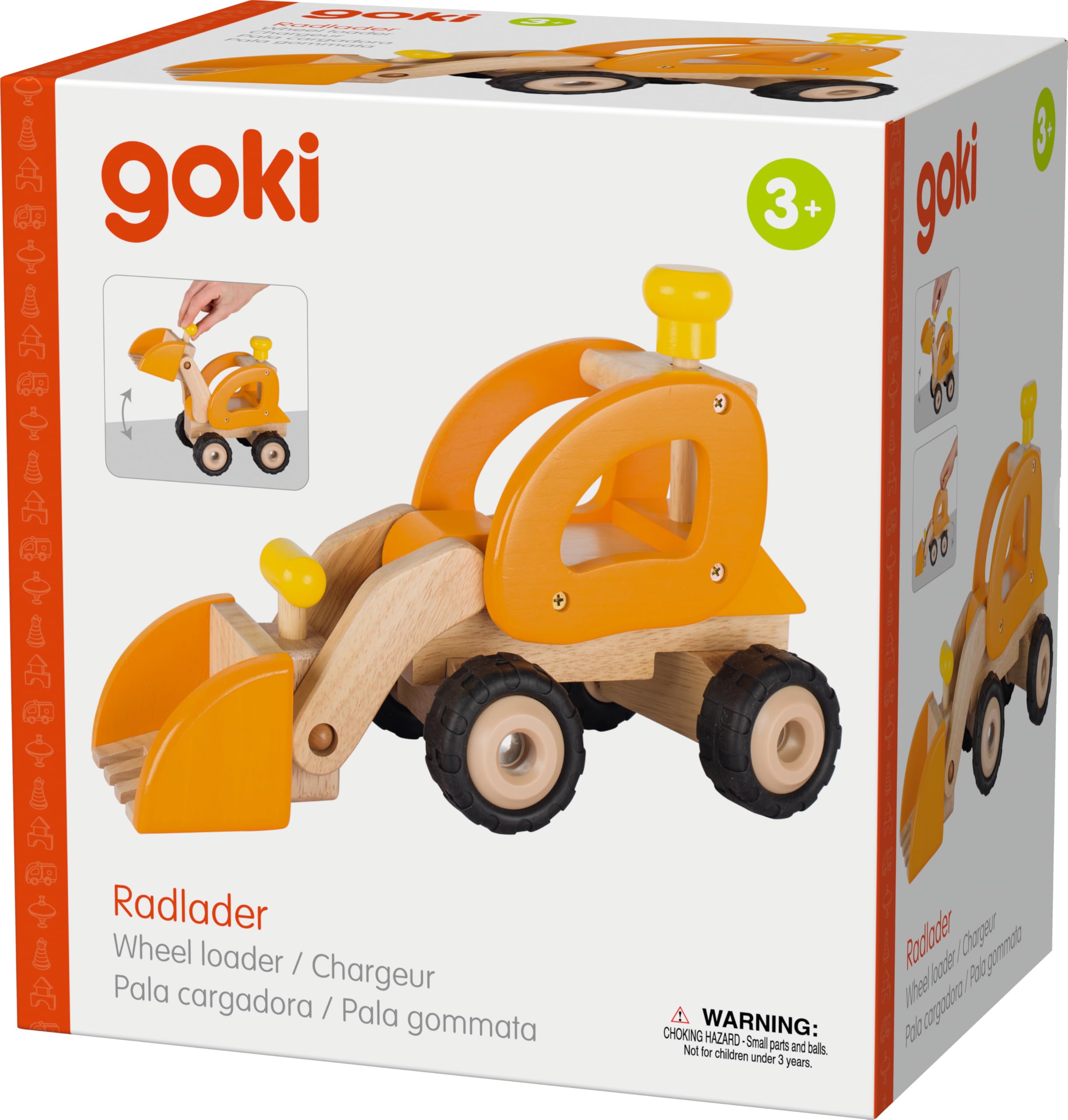 goki 55962 - Radlader aus Holz, Baustellenfahrzeug in gelb, lenkbar und mit Gummireifen, bewegliche Schaufel, perfekt zu Hause und im Kinderzimmer, Maße 31 x 14 x 21 cm, ab 3 Jahre
