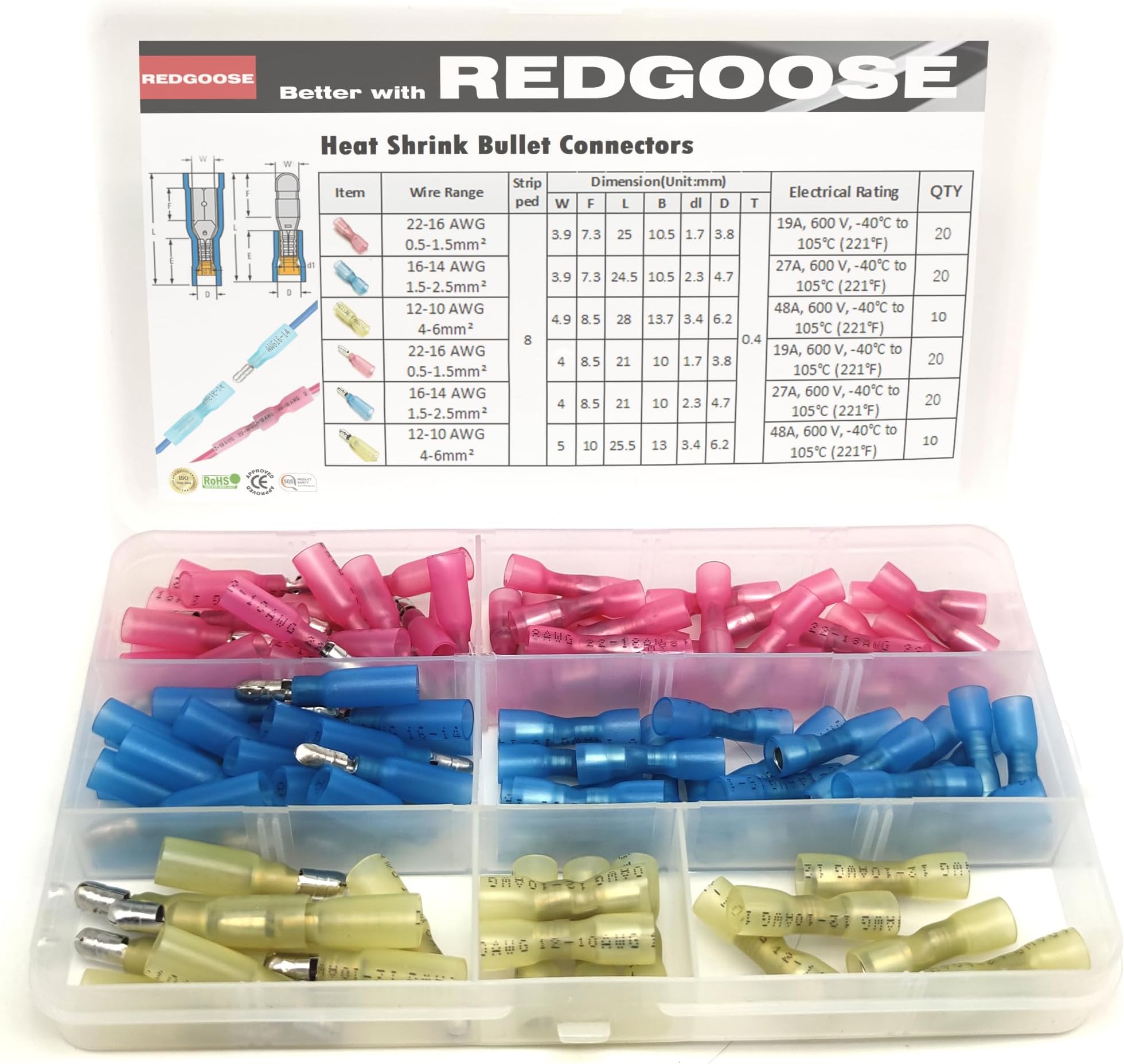 100PCS Heat Shrink Bullet Connectors 22-10 Gauge Insulated Waterproof Electrical Marine Automotive Female and Male Butt Crimp Terminals Assortment Kit