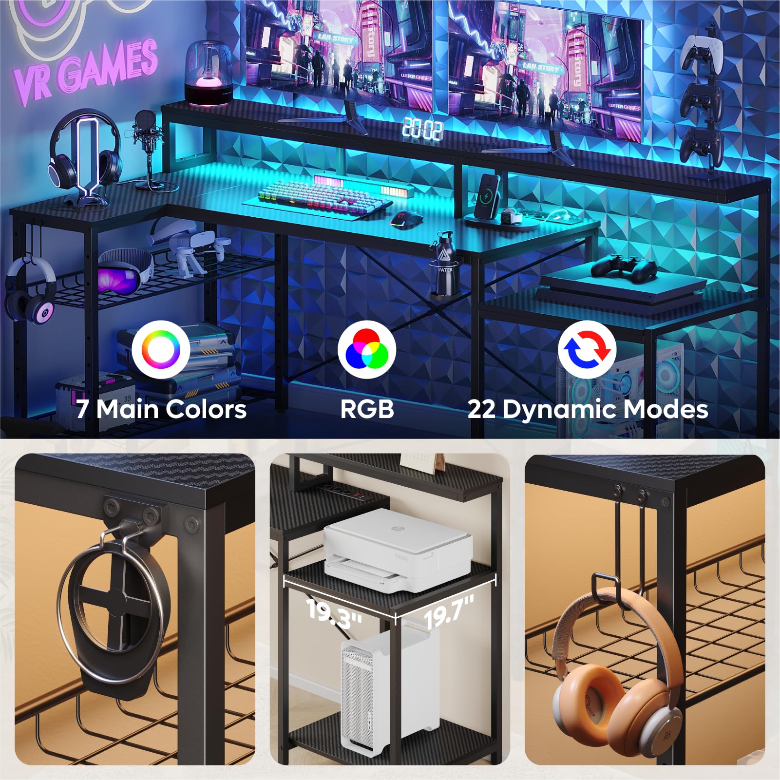Bestier Tavolo da gioco 181 cm, scrivania da gioco con luci a LED, tavolo da gioco per PC con 3 prese CA e 2 porte di ricarica USB, tavolo per computer con ampio ripiano per monitor