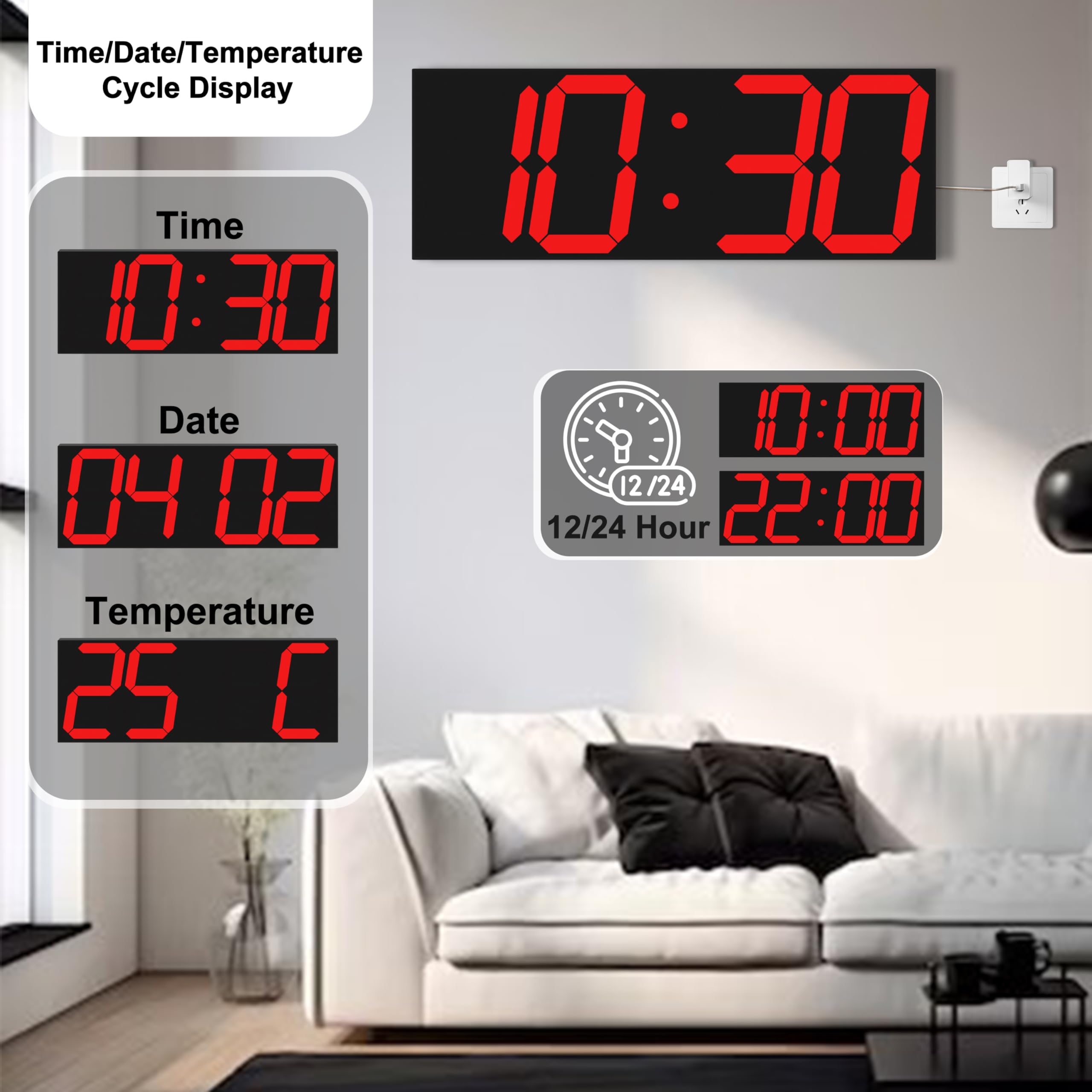 CHKOSDA Horloge murale numérique automatique de 47 cm, horloge murale LED avec grand écran, horloge multifonction avec alarme et minuterie, synchronisation automatique de l'heure, horloge numérique