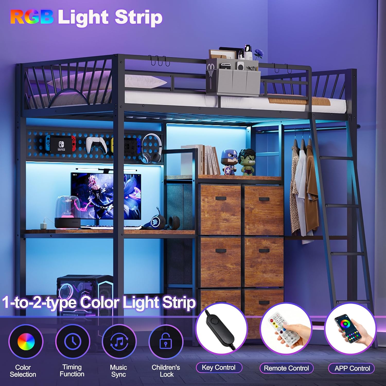 Image showing the LED light strip installed under the loft bed, illuminating the desk area.