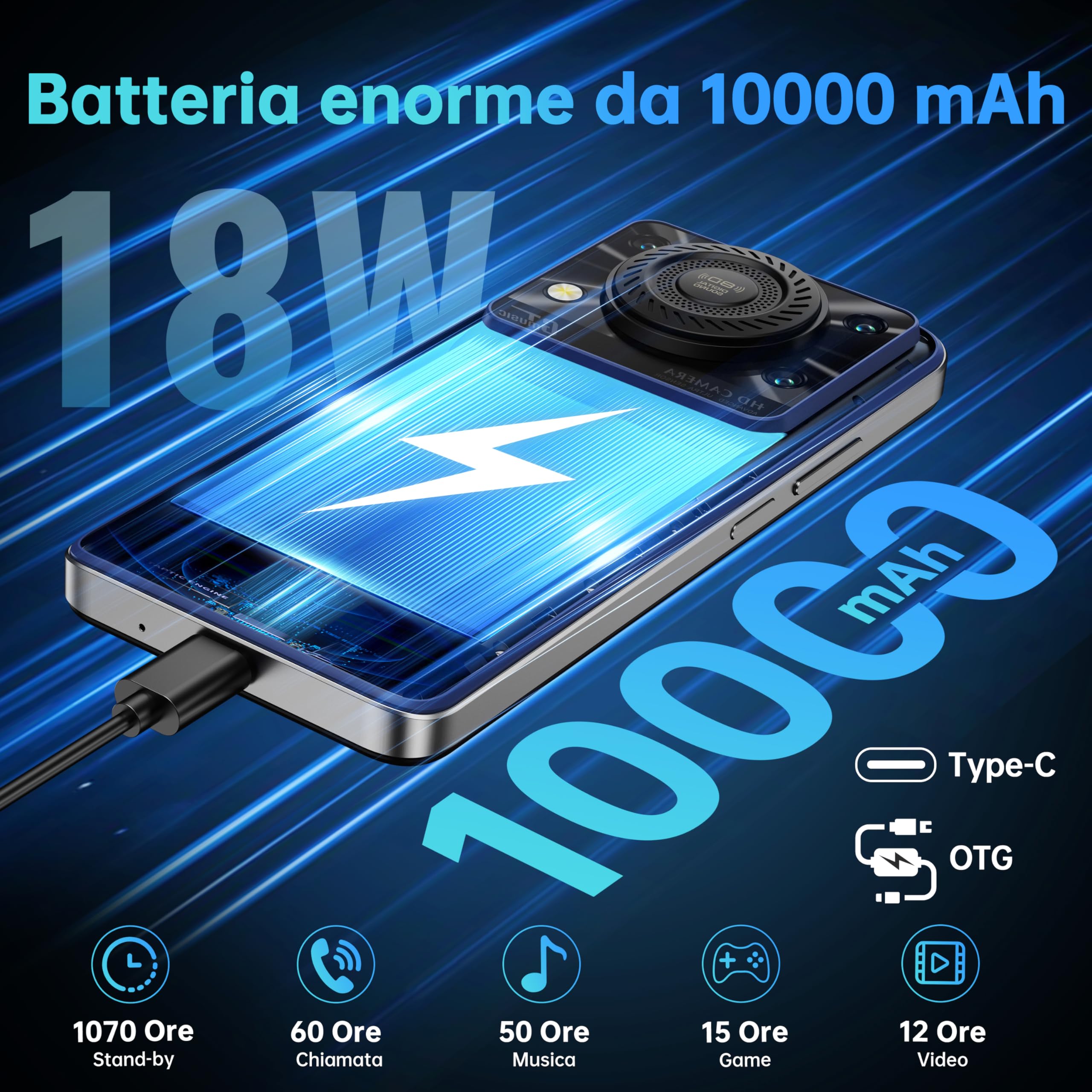 OUKITEL C60 Smartphone Android 15-10000mAh Telefono Cellulare 16GB+128GB(TF 1TB) Cellulari e Smartphone 4G, 6.88" HD+ 90Hz,AL 110 dB/Torcia 120 Lumen/13MP+8MP/Sblocco biometrico/Face ID/Dual SIM/OTG
