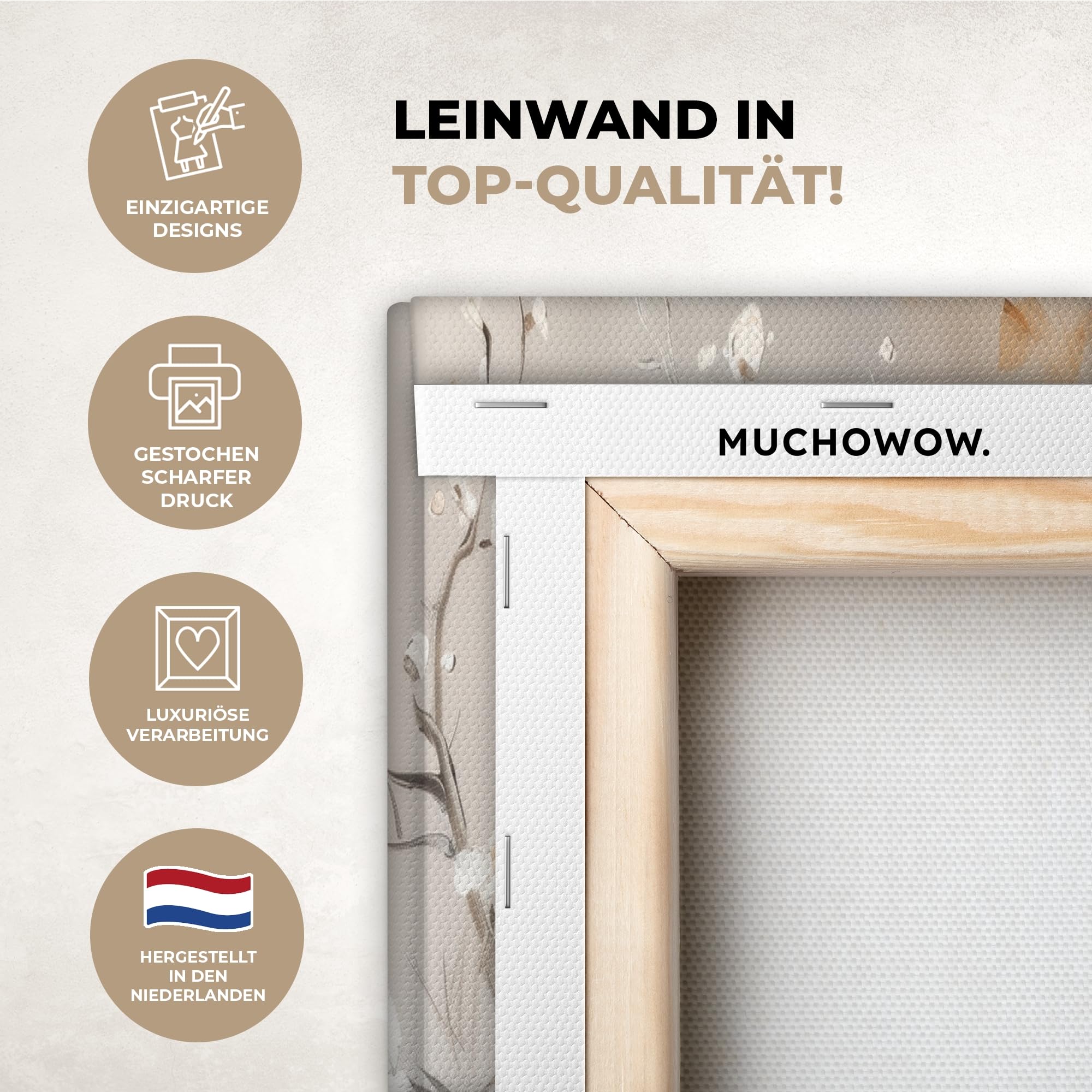 MuchoWow© Wandbilder 3er Set 120x60 cm Wohnzimmer Wanddeko Schlafzimmer Zimmerdeko Wandgemälde Zimmer Deko auf Wand Dekoration Leinwände Blüte - Beige - Abstrakt - Blumen
