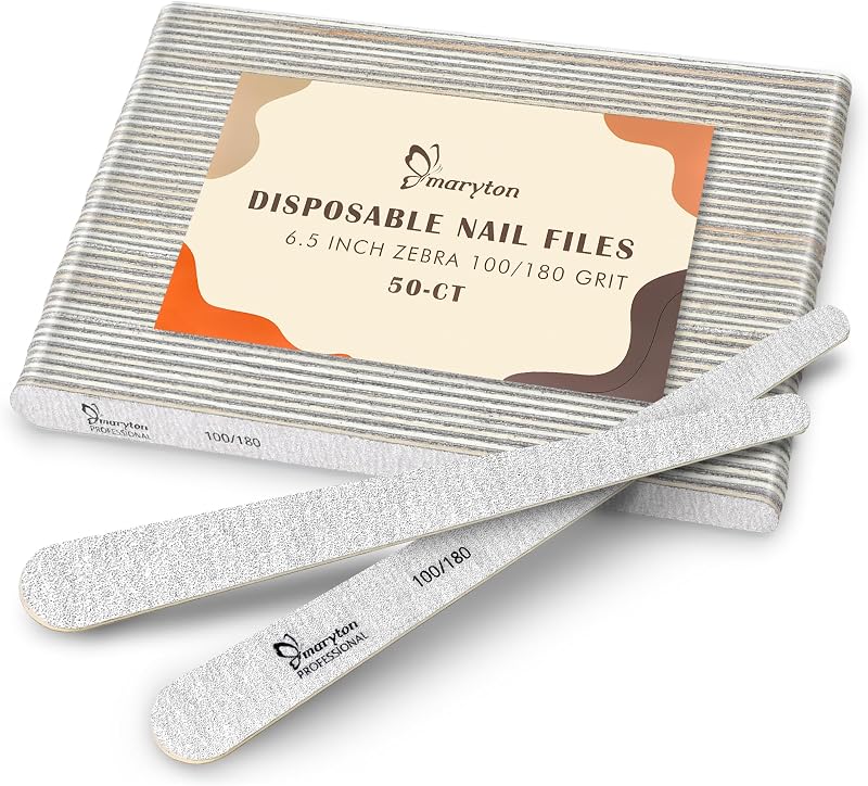 Maryton Disposable Professional Nail Files, 100/180 Grit, 50PCS | 6.5’’x 0.5’’, Tapered Shape, Thin Emery Boards for Nails, Salon Grade, Manicure Pedicure Tools