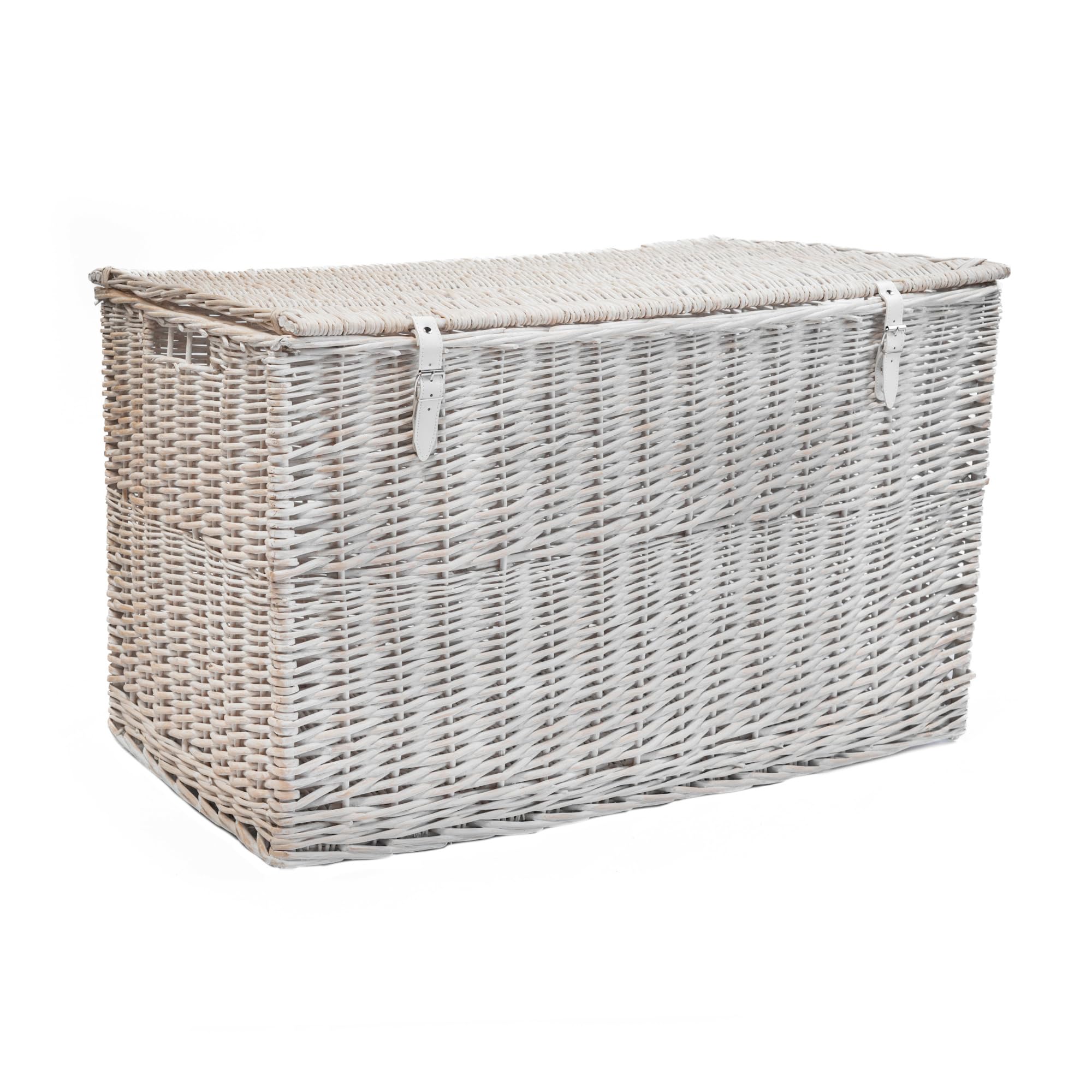 Arthur Cameron - Lightweight Wicker Storage Trunk, Storage Box with Lid & Leather Straps - Woven Chest, Basket, Large Wicker Basket with Lid (White Wash, Medium)