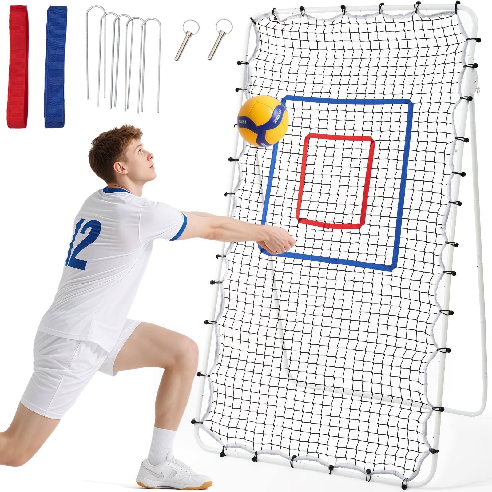 Volleyball Rebounder Net 7x4 ft – Adjustable Bounce Back Training Equipment Softball Rebounder Net for Practicing Spiking Bumping, Multi-Person Lacrosse, Baseball, Football Practicing – White