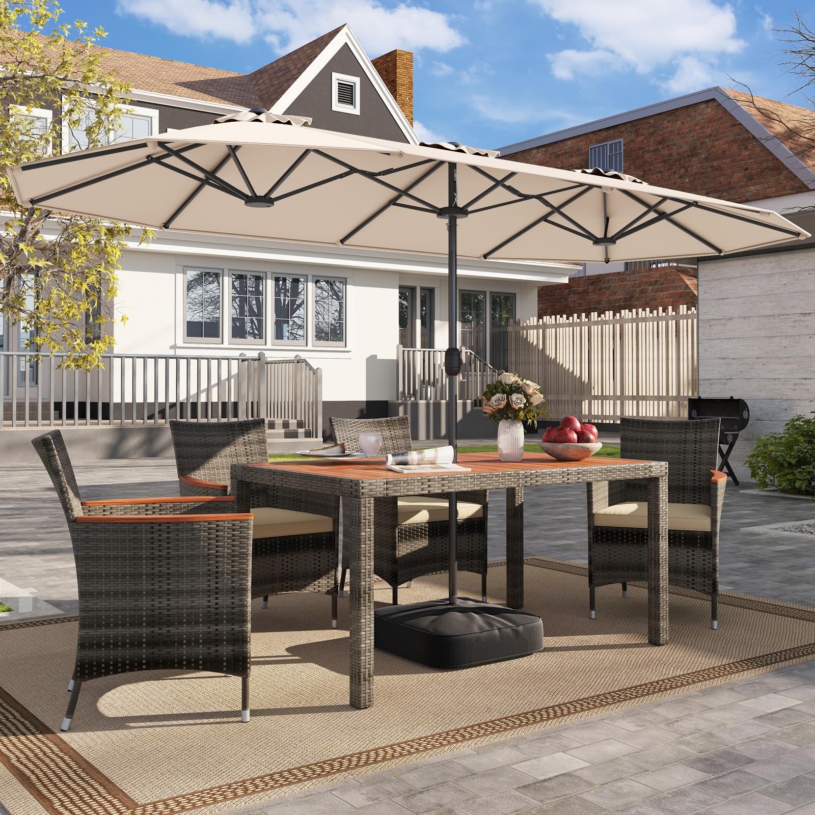 RELAX4LIFE Sombrilla doble de jardín con base de 4 x 2 m, sombrilla parasol con apertura de manivela, tejados ventilados, sombrilla de exterior para patio, patio, restaurante o bar